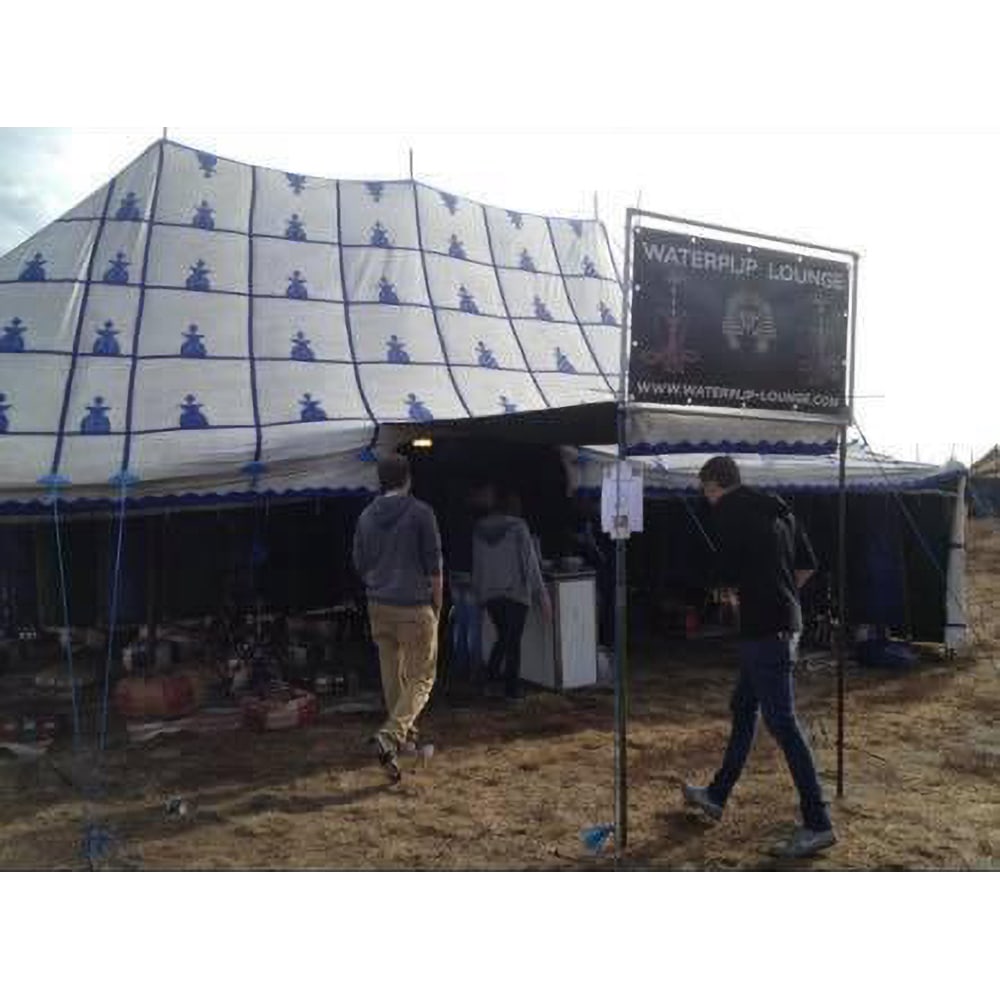 White Arabian-style Tent with Blue Emblems without Side Walls and Tent Poles: White Arabian-style tent with blue emblems. The tent is sold as is without side walls and tent poles. Approx. dimensions for the tent are: 10 meters wide by 6 meters deep. With correct tent poles it w