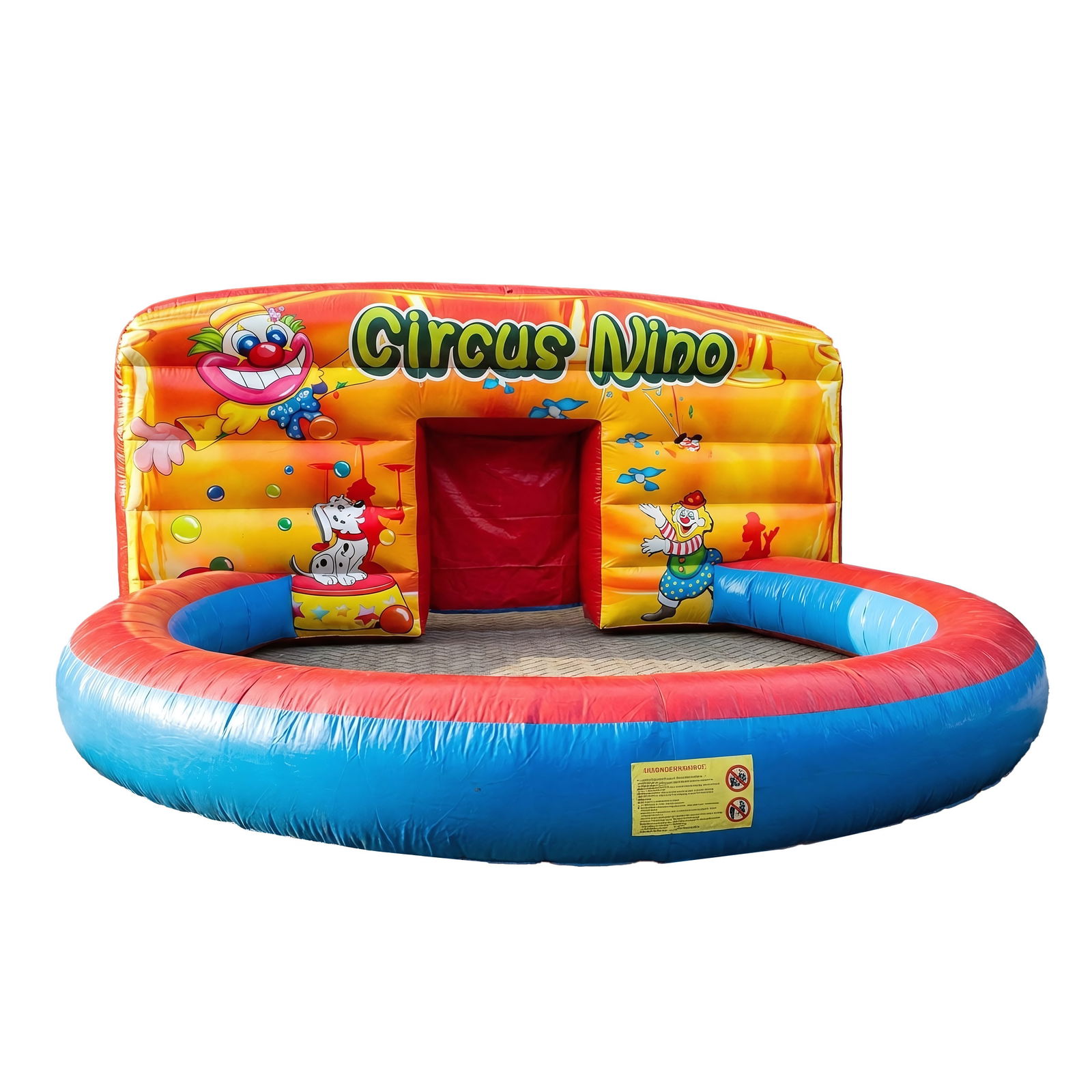 Inflatable Circus Ring "Circus Nino": The inflatable circus ring "Circus Nino" is a professional-grade attraction designed to mimic the classic look of a traditional circus arena, featuring a low-walled circular perimeter. The structure i