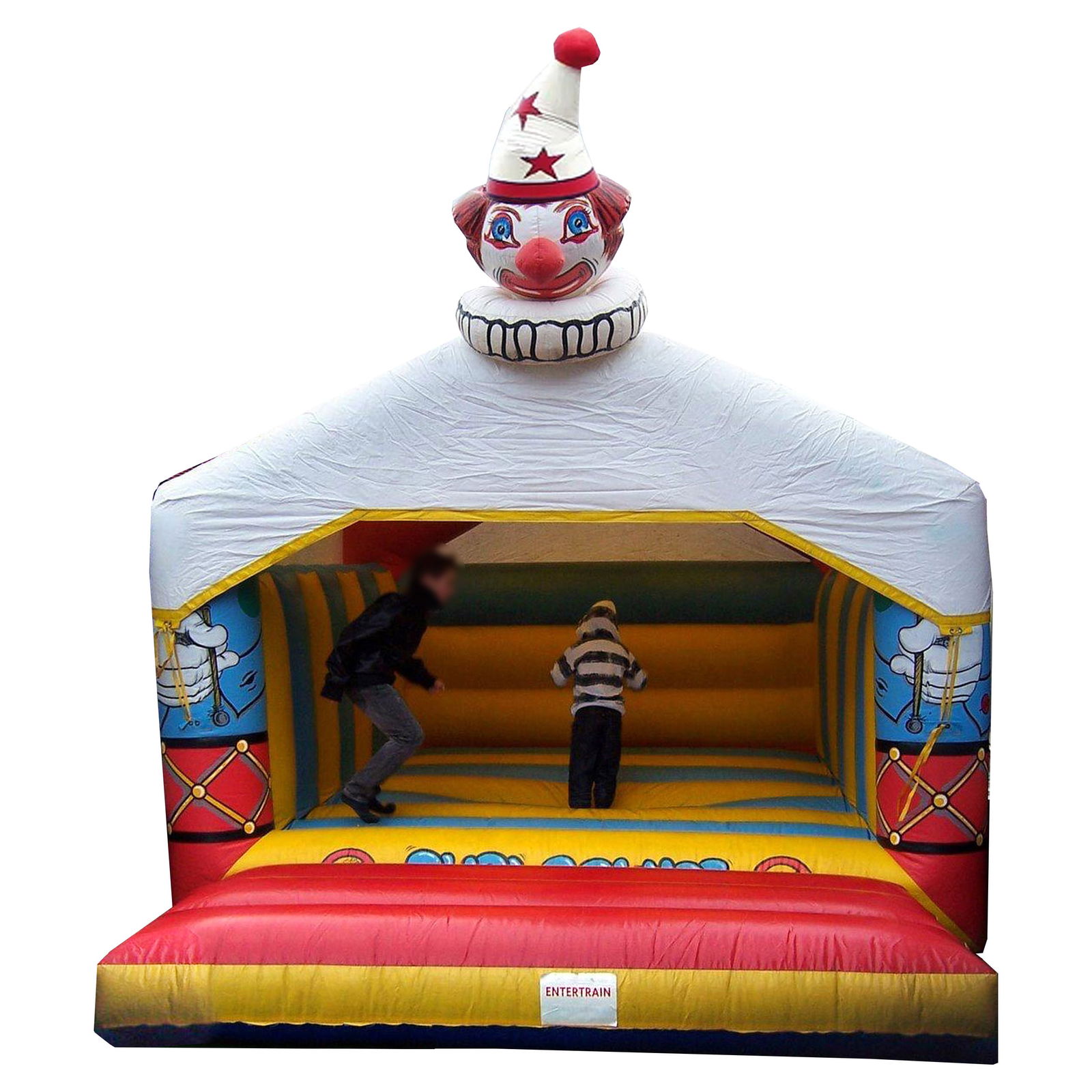 Clown-Themed Inflatable "Supa-Bounce" Bouncy Castle with Roof: Colorful inflatable "Supa-Bounce" bouncy castle featuring a fun clown design and light blue tarpaulin roof for weather protection. Made from durable PVC with bright red, yellow, and blue accents. Fold