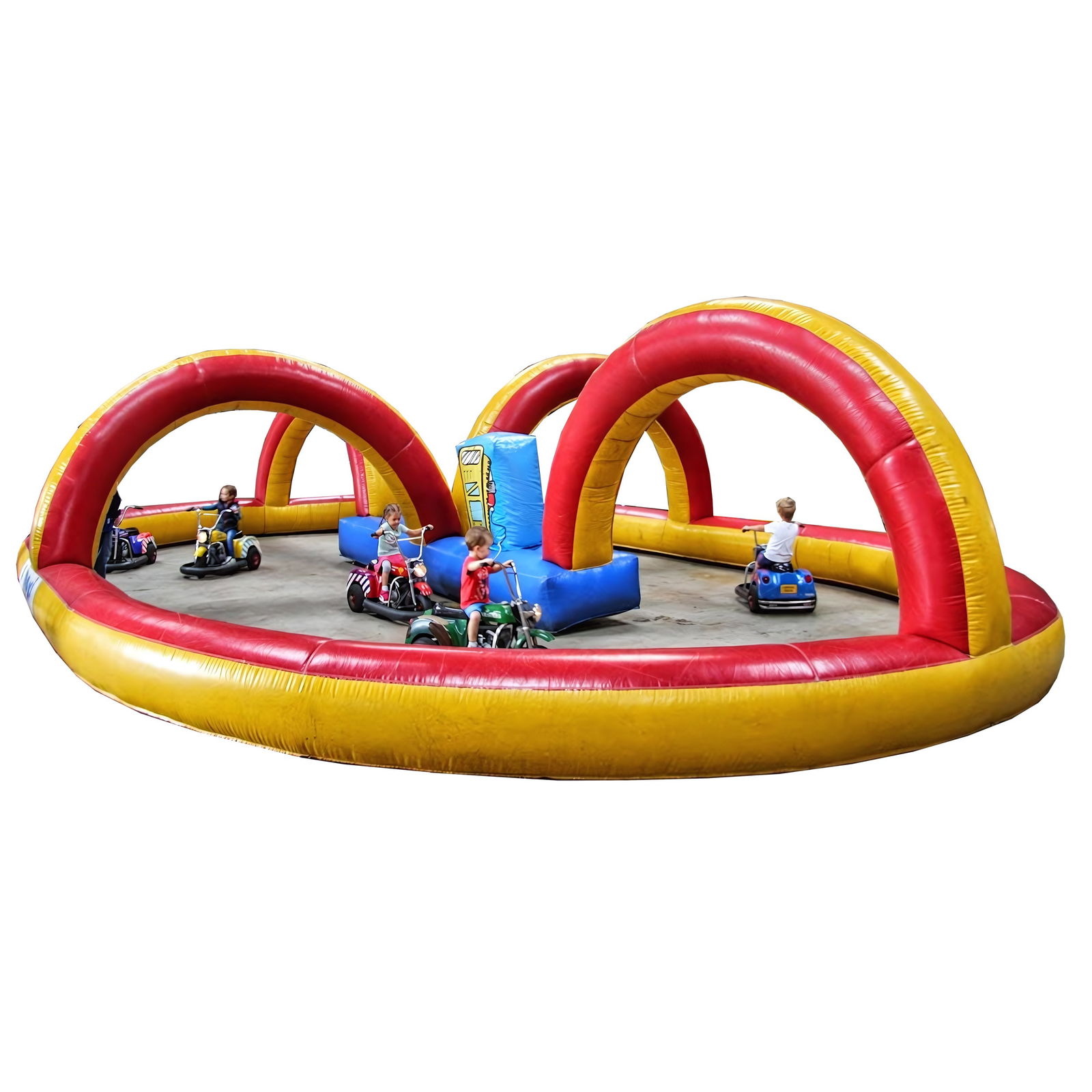 Yellow and Red Inflatable Racetrack for Children's Scooters, Go-karts or Mini-bikes: Vibrant yellow and red inflatable racetrack provides a safe and defined course for children's scooters, go-karts, or mini-bikes. The design features a cushioned perimeter wall and large overhead arche