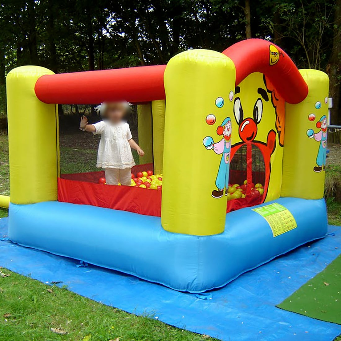 Inflatable Clown Theme Bouncy Castle and Ball Pit: This clown theme inflatable is designed to function as both a bouncy castle and a ball pit, providing a versatile play environment for young children. This complete set includes a yellow-and-blue air