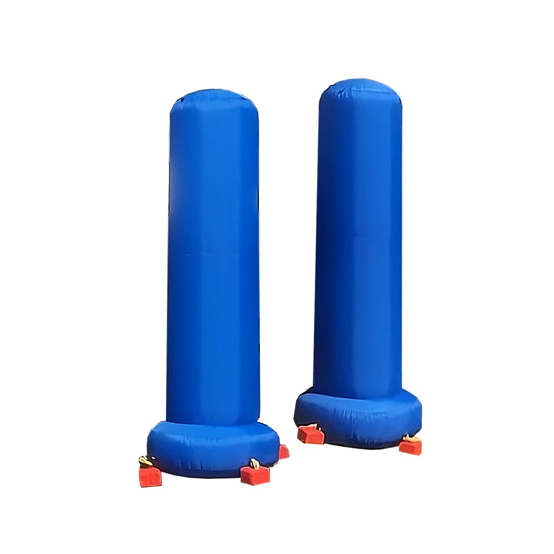 Set of 2 Blue Inflatable Pillars with Integrated Blowers and Attachable Weights: Set of 2 blue inflatable pillars with integrated blowers and attachable weights. The pillars come stored in a set of blue plastic crates (44 x 35 x 25 cm). The dimensions provided are for the approx.