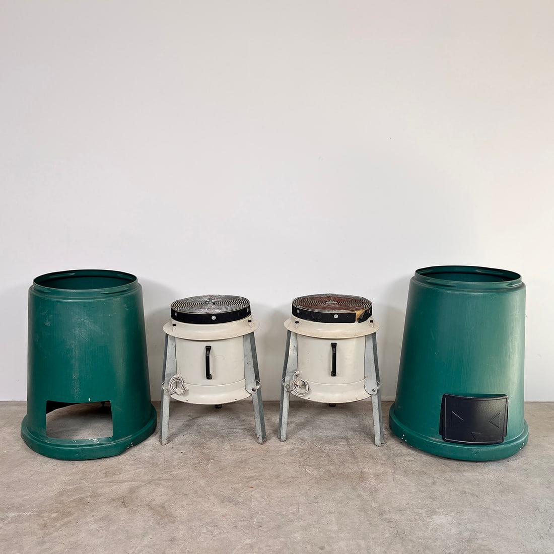 Set of 2 Gray Sky Blowers with Green Silencer Attachments: Set of 2 gray sky blowers with green silencer attachments (88 cm high x 60 cm diameter). In a good working condition. Dimensions provided are for a single gray blower. Dimensions (H x W x D): 73 x 52