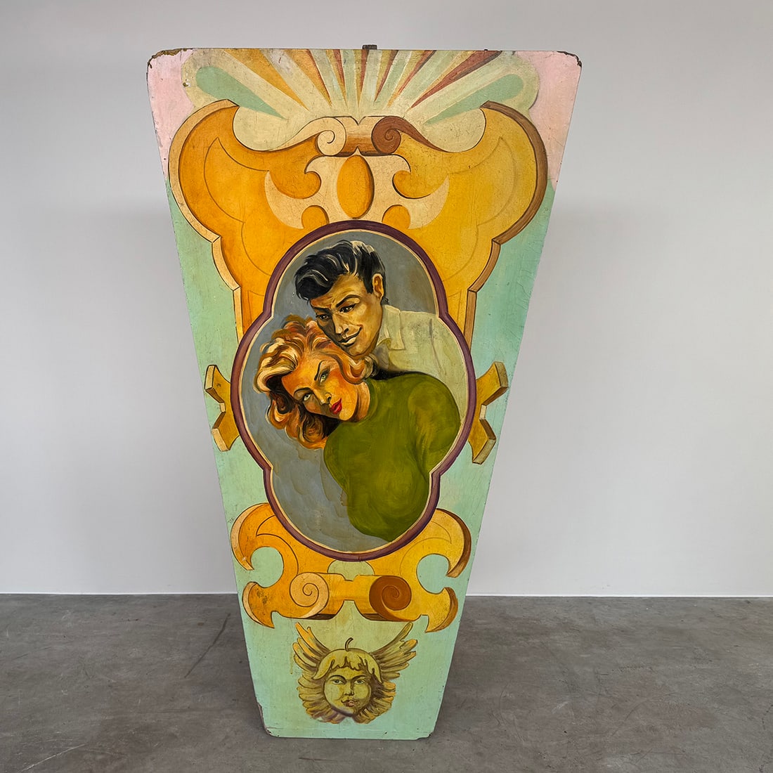 Set of 6 Beautifully Painted Wooden Fairground Panels: Set of 6 beautifully painted wooden fairground panels each featuring unique artwork. Very good visual condition, showing some wear and aging, the panel with angel artwork has a small hole. Dimensions