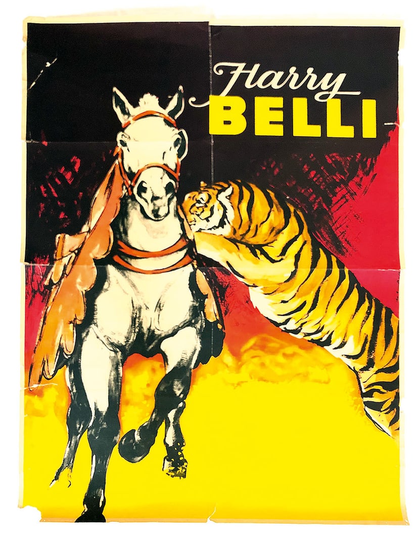 Harry Belli Circus Poster ca. 1950: Harry Belli Circus poster ca. 1950 with signs of use. Dimensions (H x W x D): 117 x 82 x 1 cm. Condition: Fair. Location: The Netherlands, Tilburg.