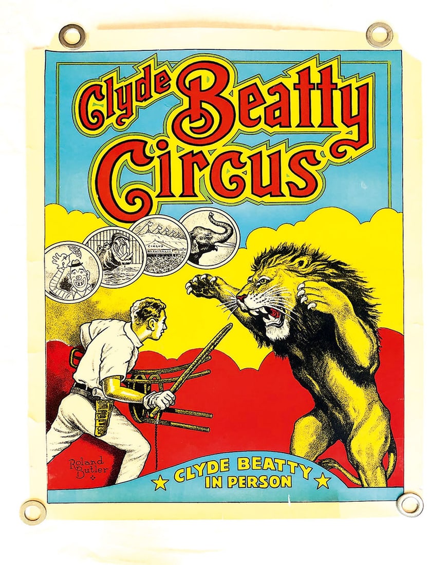 Clyde Beatty Circus Poster ca. 1940-1950: Clyde Beatty Circus poster ca. 1940-1950 with signs of use. Dimensions (H x W x D): 71 x 53,5 x 1 cm. Condition: Good. Location: The Netherlands, Tilburg.