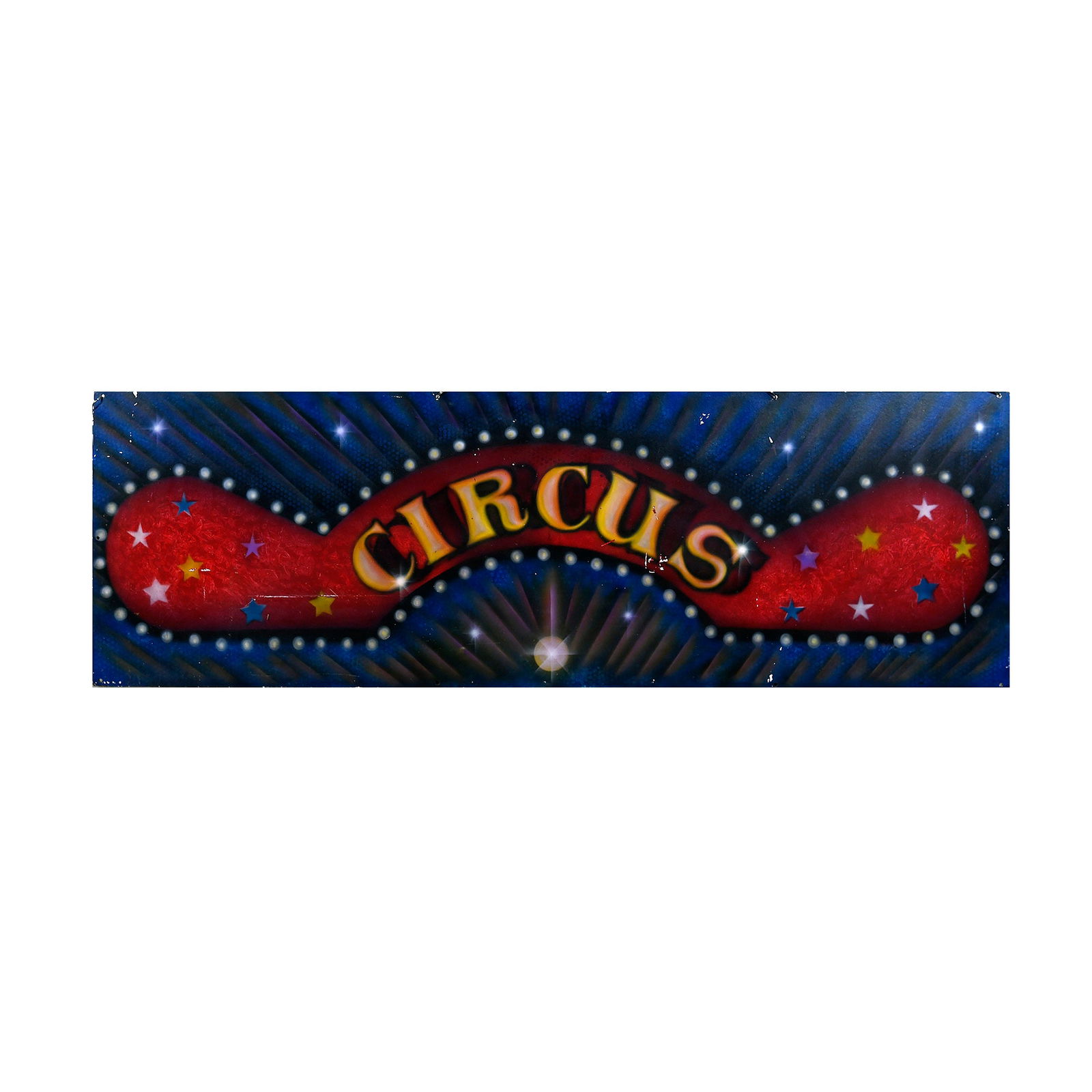 Airbrush panel CIRCUS: Decorative painted panel featuring the word “Circus” in a colorful airbrushed design with stars and light effects. Likely used as part of a fairground or circus decoration. Condition: Used with vi