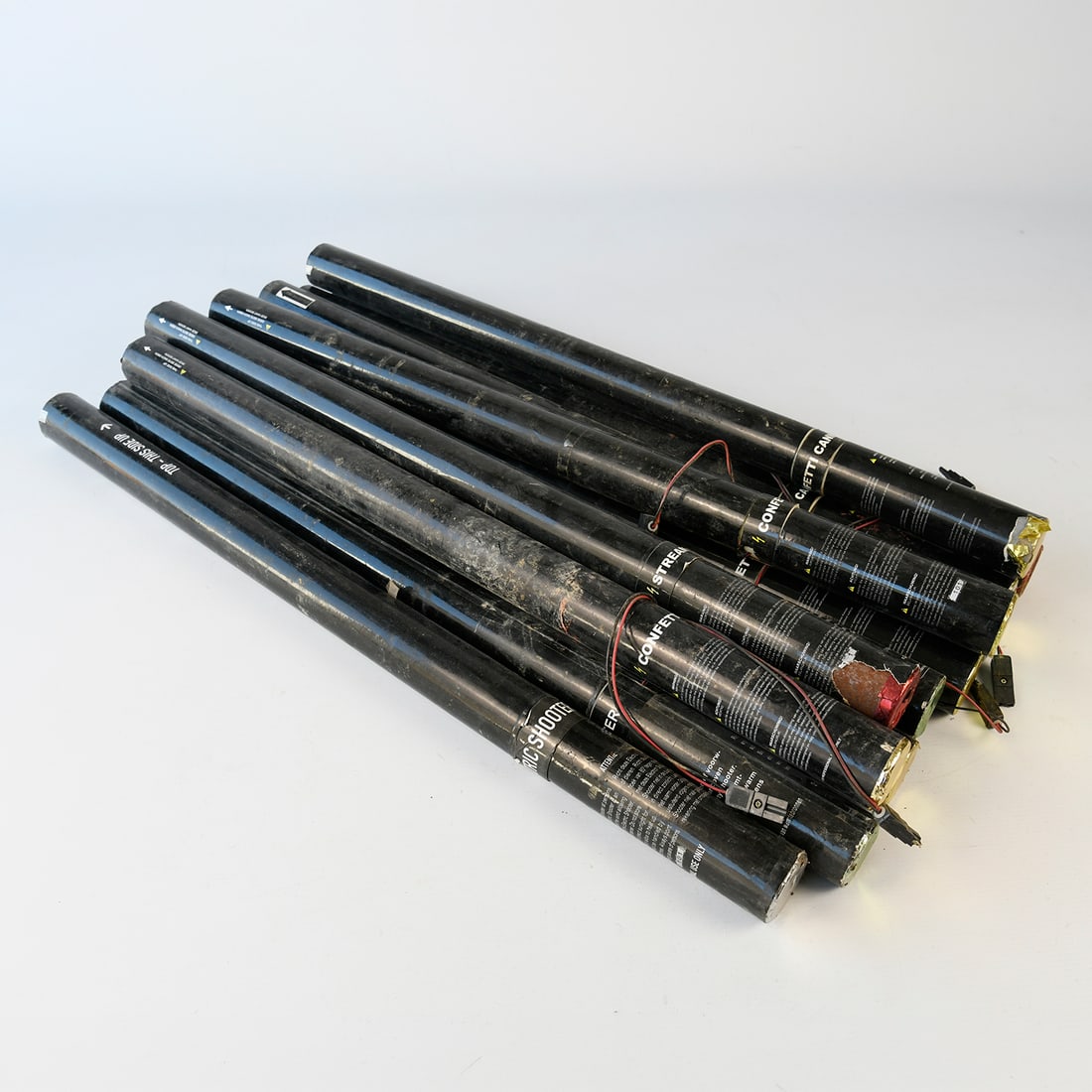 Lot of 12 Electric 80 cm Confetti Cannons: Lot of 12 electric 80 cm confetti cannons designed for use with a stage or event confetti launcher system. Working condition untested. Good visual condition with visible wear and storage marks. Dimens