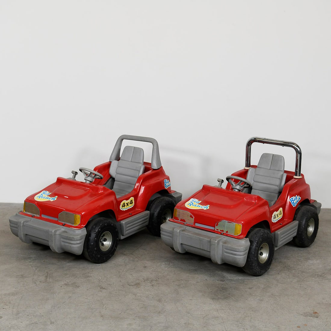 Lot of 2 Red "Big Ranch 4x4" Electric Quad Bikes with New Batteries: This lot consists of two red "Big Ranch 4x4" electric quad bikes for children, both upgraded with new batteries. The quads are in good visual condition and good working condition. Dimensions shown for