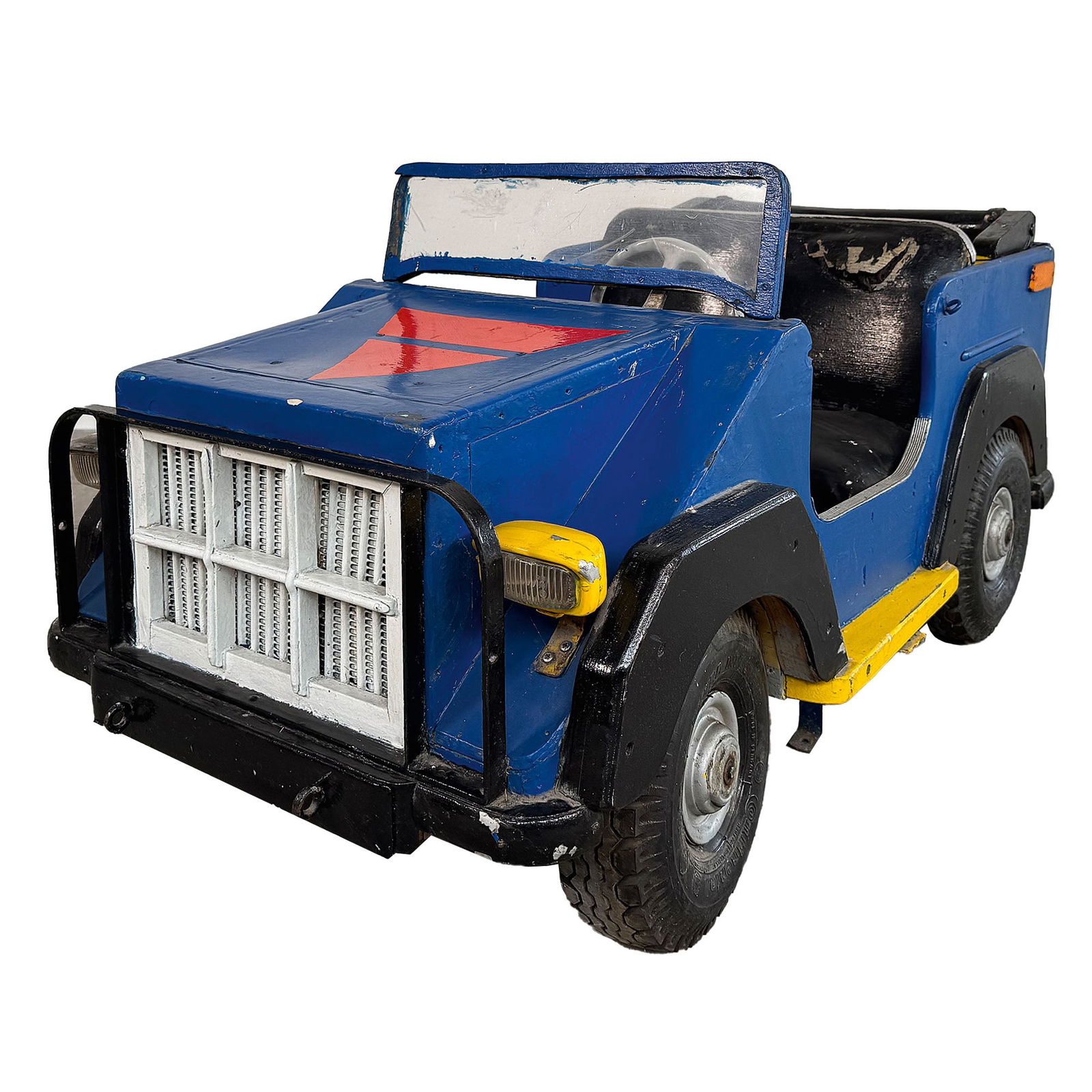 Wilhelm Hennecke Wooden Carousel 2-Seater Jeep ca. 1960's in Blue Color: Wilhelm Hennecke wooden carousel 2-seater Jeep ca. 1960's. Wooden body with metal and plastic details. The bench needs new upholstery. Overall good visual condition showing wear. Dimensions (H x W x D