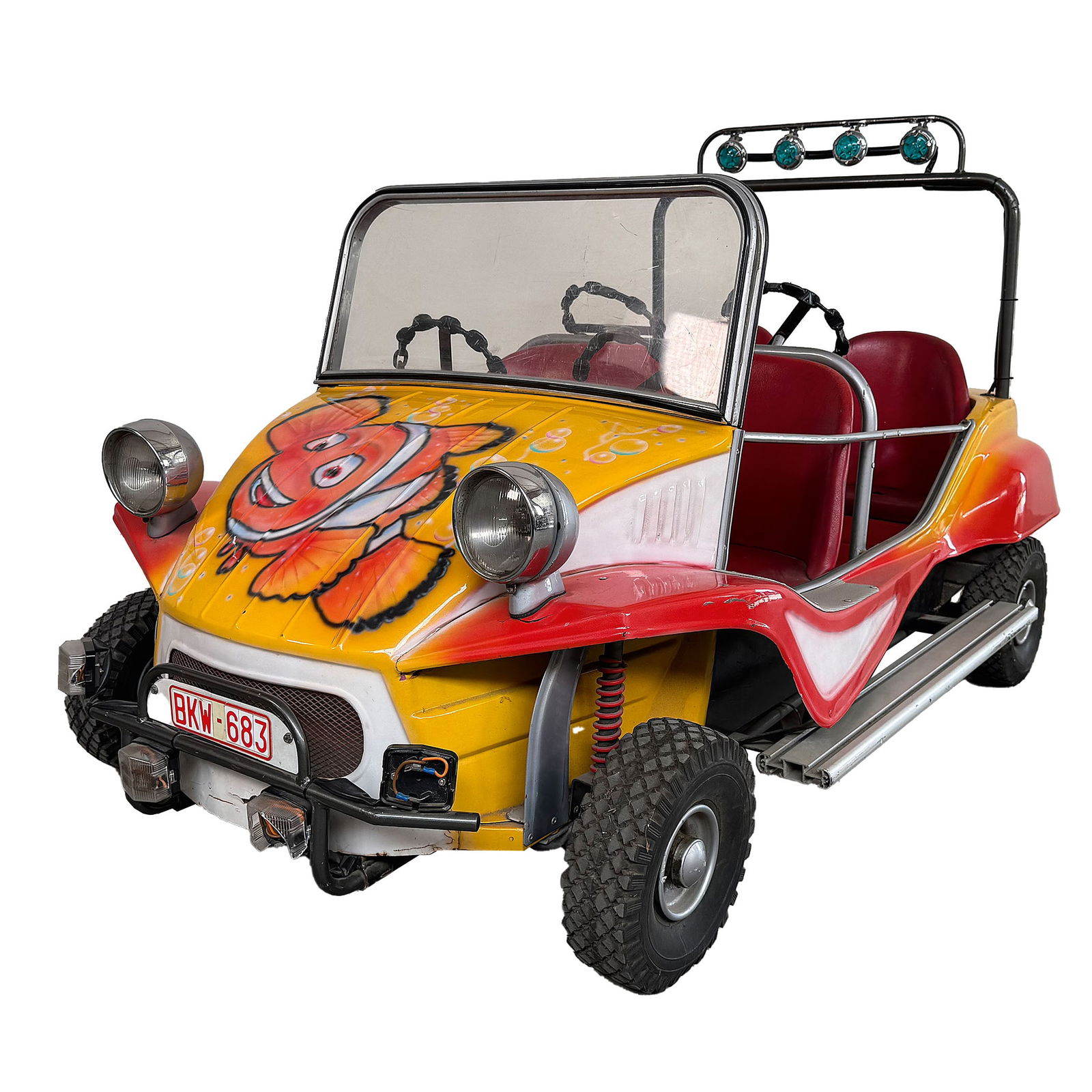 1971 Autopede Beach Buggy Carousel Car in "Finding Nemo" Theme: 1971 Autopede Beach Buggy carousel car built with the VW buggy from the 1960s as an inspiration. This buggy is painted in "Finding Nemo" theme. Good visual condition, original steering wheels have bee