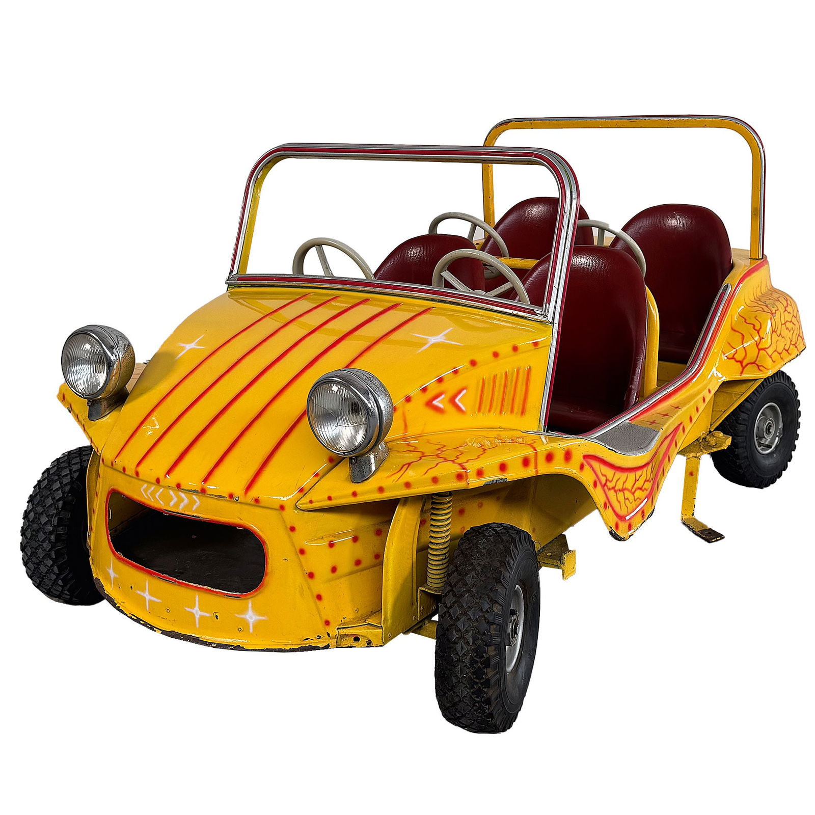 1971 Autopede Beach Buggy Carousel Car: 1971 Autopede Beach Buggy carousel car built with the VW buggy from the 1960s as an inspiration. This Autopede Beach Buggy is in good visual condition, missing front glass, front grill, front bumper a
