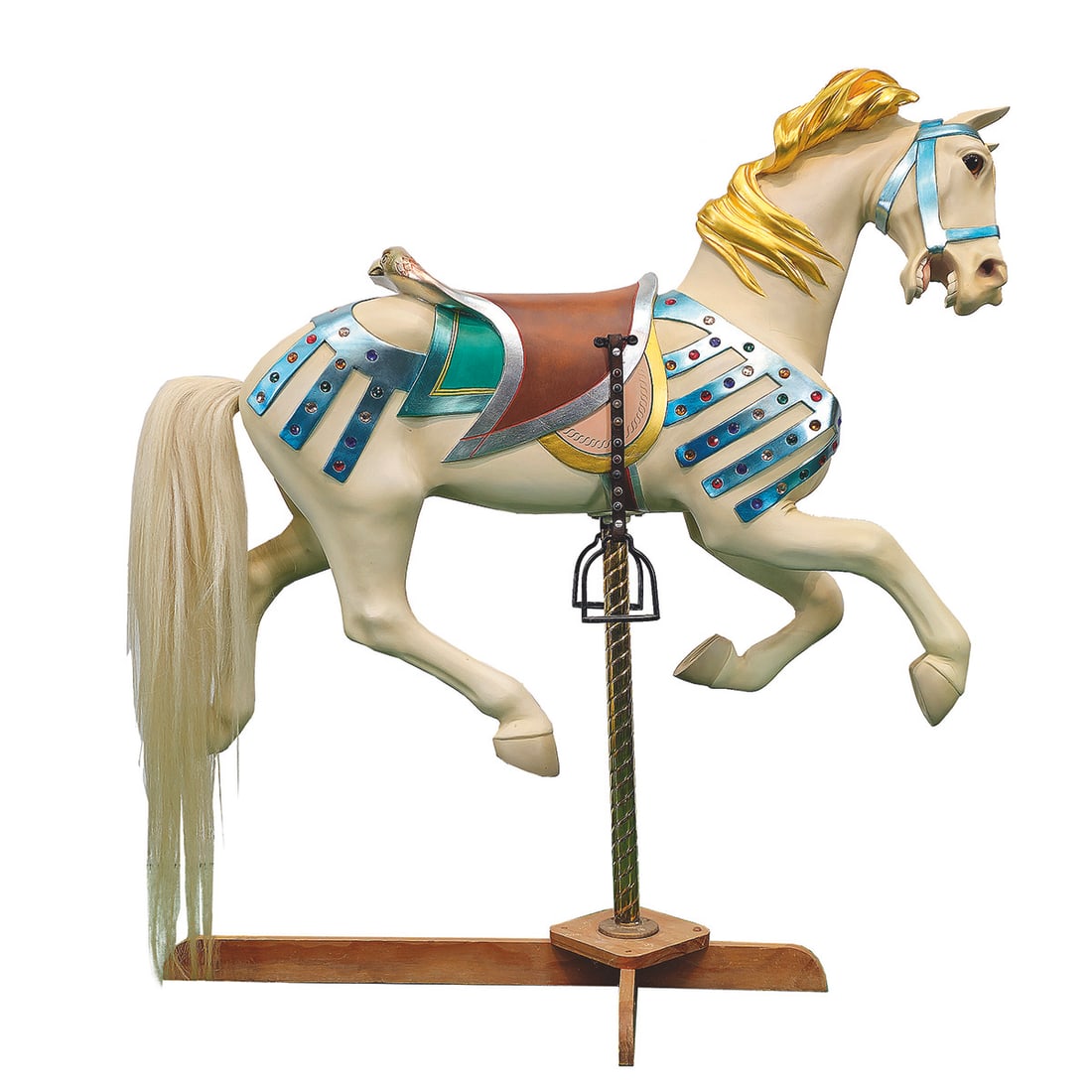 Wooden Stander Carousel Horse with Inlaid Plastic Gems on a Wooden Base with Metal Pole (1 of 14)