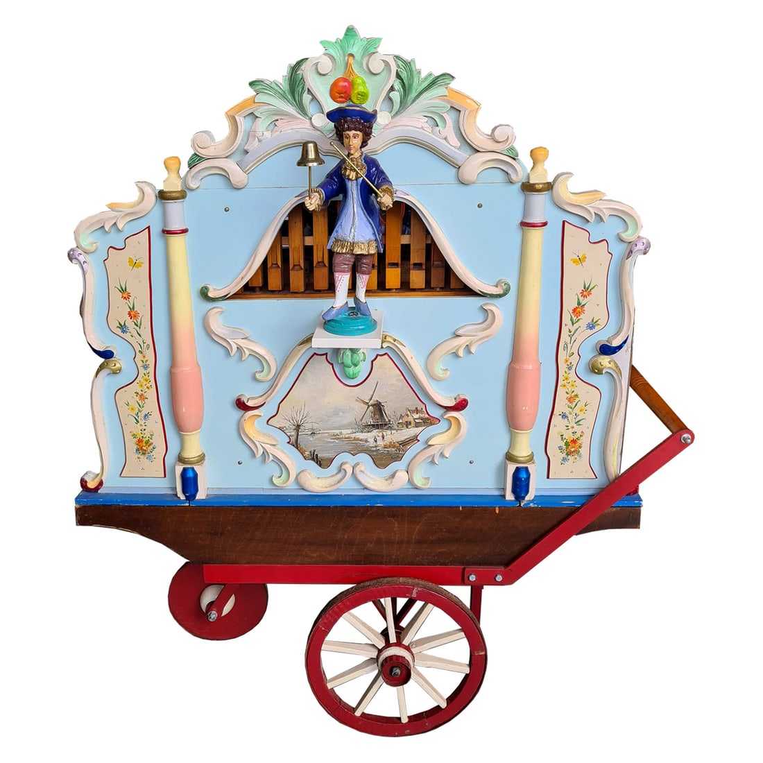 Small Hand Cranked Dutch 18 Key Street Organ with a Cart Built by Jan Roos (1980s): Small hand cranked Dutch 18 key street organ with a cart built by Jan Roos from Rotterdam in 1980s. The organ was commissioned by Verdonk Barrel Organs in The Hague and has been in their possession fo