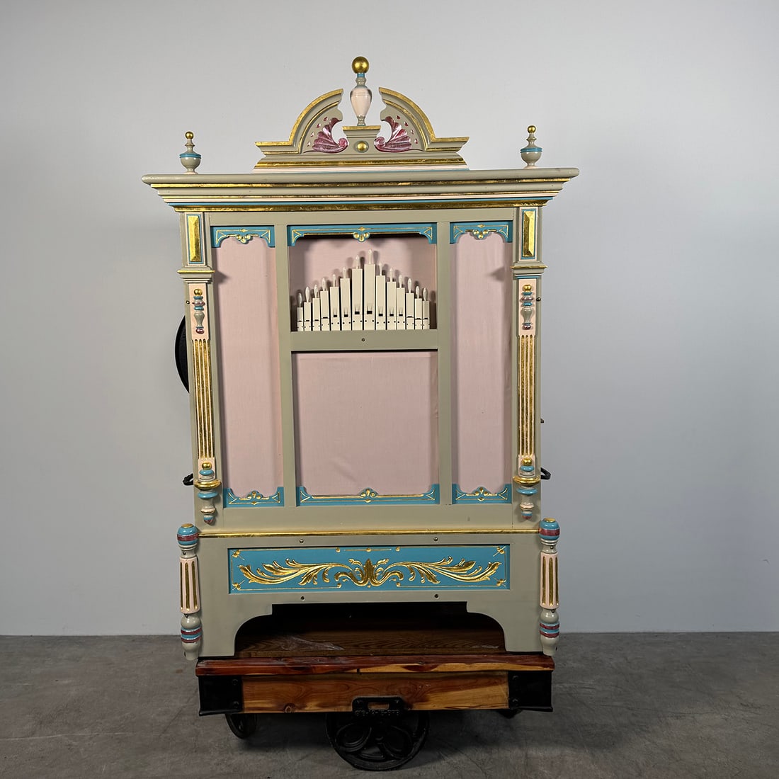 44-Key Bruder Barrel Organ: 44-Key Bruder barrel organ. The case of the organ is currently in very good visual condition, only showing light wear. It comes on an antique wood and metal cart. The total height with the cart is 200