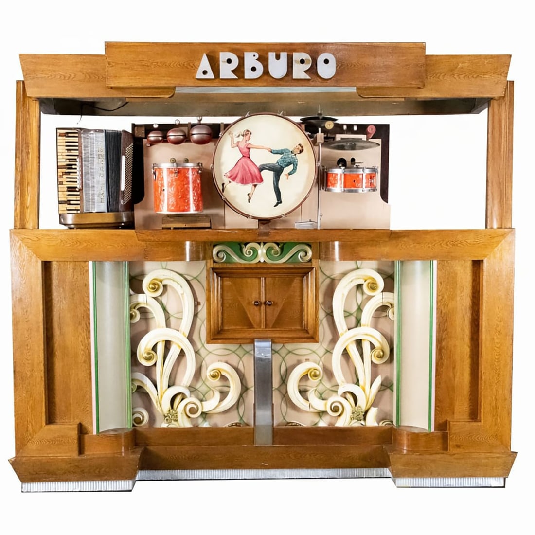 88 Keyless Arthur Bursens "Arburo" Paper Roll Dance Organ (ca. 1950s): 88 keyless Arthur Bursens "Arburo" paper roll dance organ (ca. 1950s). The organ is currently not playing and in need of restoration, but it is fully original and complete. It features a large selecti