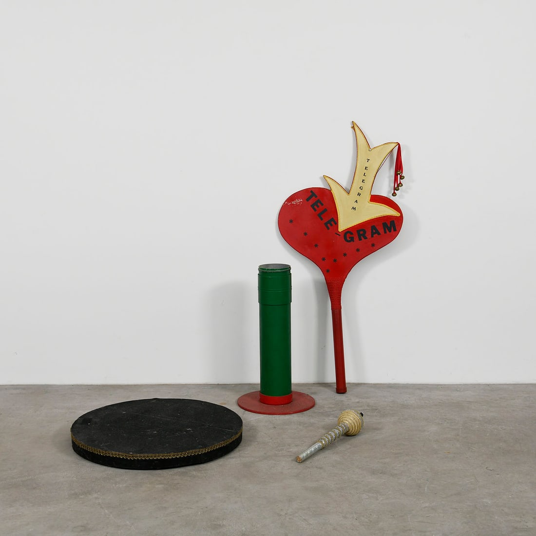 Lot of a Telegram Board, Stand, Wheeled Platform and a Phyrotechnics Torch from the Royce Collection: Lot of a Telegram board, stand, wheeled platform and a pyrotechnics torch from the Royce collection. It was used for a corporate event to hand a new company director a "telegram" which contained their