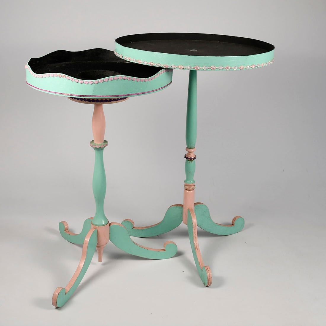 Set of 2 Wooden Magic Tables from the Royce Collection: Set of 2 wooden magic tables from the Royce collection. Good visual condition showing wear and some damage to the tabletop sides. Dimensions shown for the largest table, the smallest table measures: 8