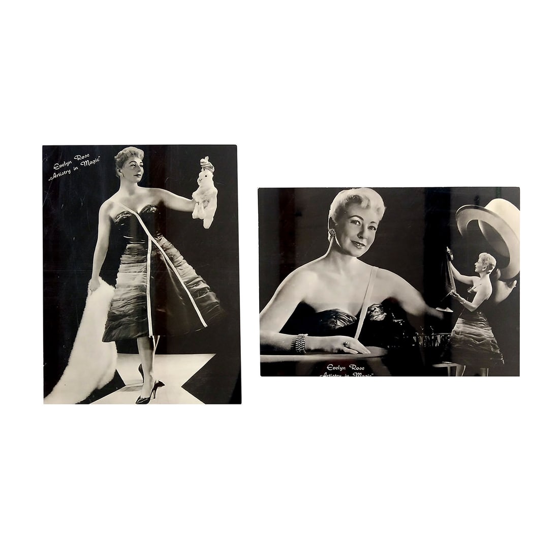 Set of 2 Original 1958 Photo Cards Evelyn Rose "Artistry in Magic": Set of 2 original 1958 photo cards Evelyn Rose "Artistry in Magic". Very good visual condition, showing some wear. Dimensions (H x W x D): 16 x 21 x 1 cm. Condition: Very good. Location: The Netherlan