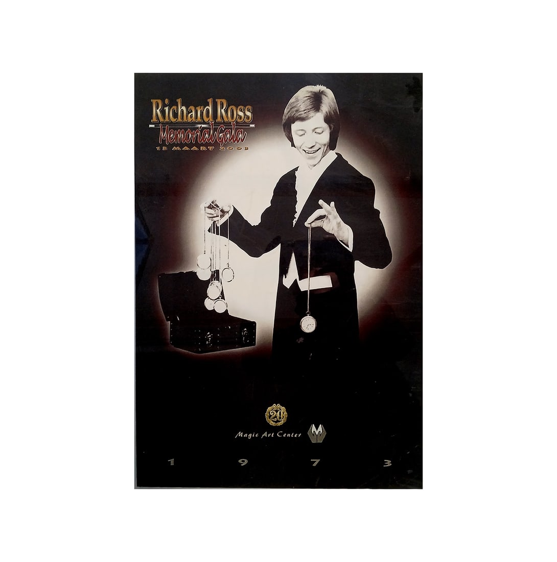 2003 Richard Ross Memorial Gala Poster: Magician Richard Ross (1946-2001) memorial gala poster. The gala was held on 13th March 2003 at Magic Art Center (MAC) in Bennebroek, Netherlands. Good visual condition, showing some wear and fading.