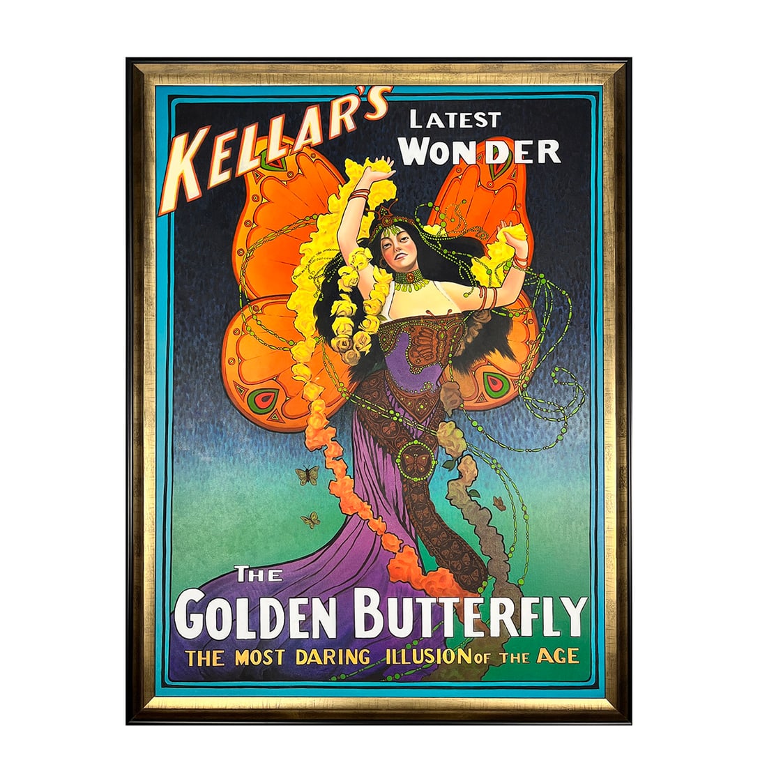 Kellar Golden Butterfly Oil on Canvas Painting: Kellar Golden Butterfly oil on canvas painting including frame. Very good condition. This is a fantastic handmade oil painting on canvas, reproduction of the original poster. Dimensions (H x W x D): 1