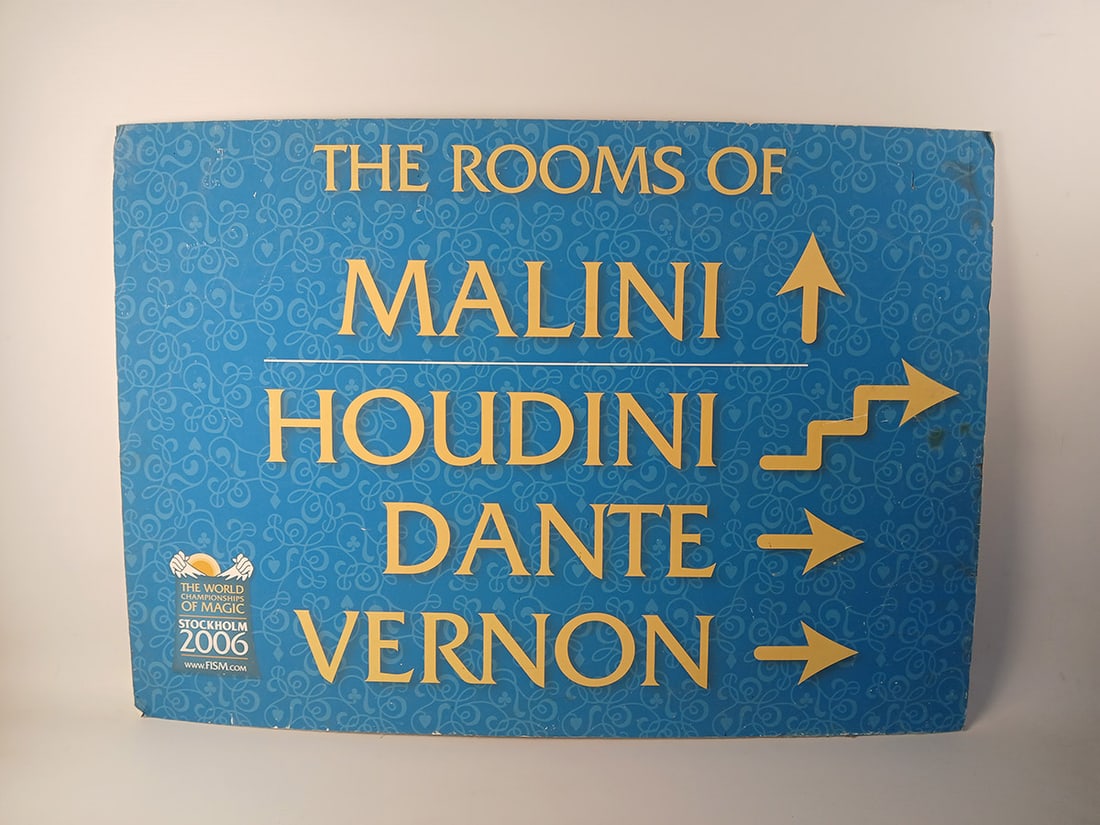 Set of 2 Direction Signs from the 2006 FISM Congress in Stockholm: Set of 2 direction signs from the 2006 FISM Congress in Stockholm. Single sided print on foam board. Dimensions shown for the larger sign, the smaller sign is 50 cm wide. Good condition, showing wear.