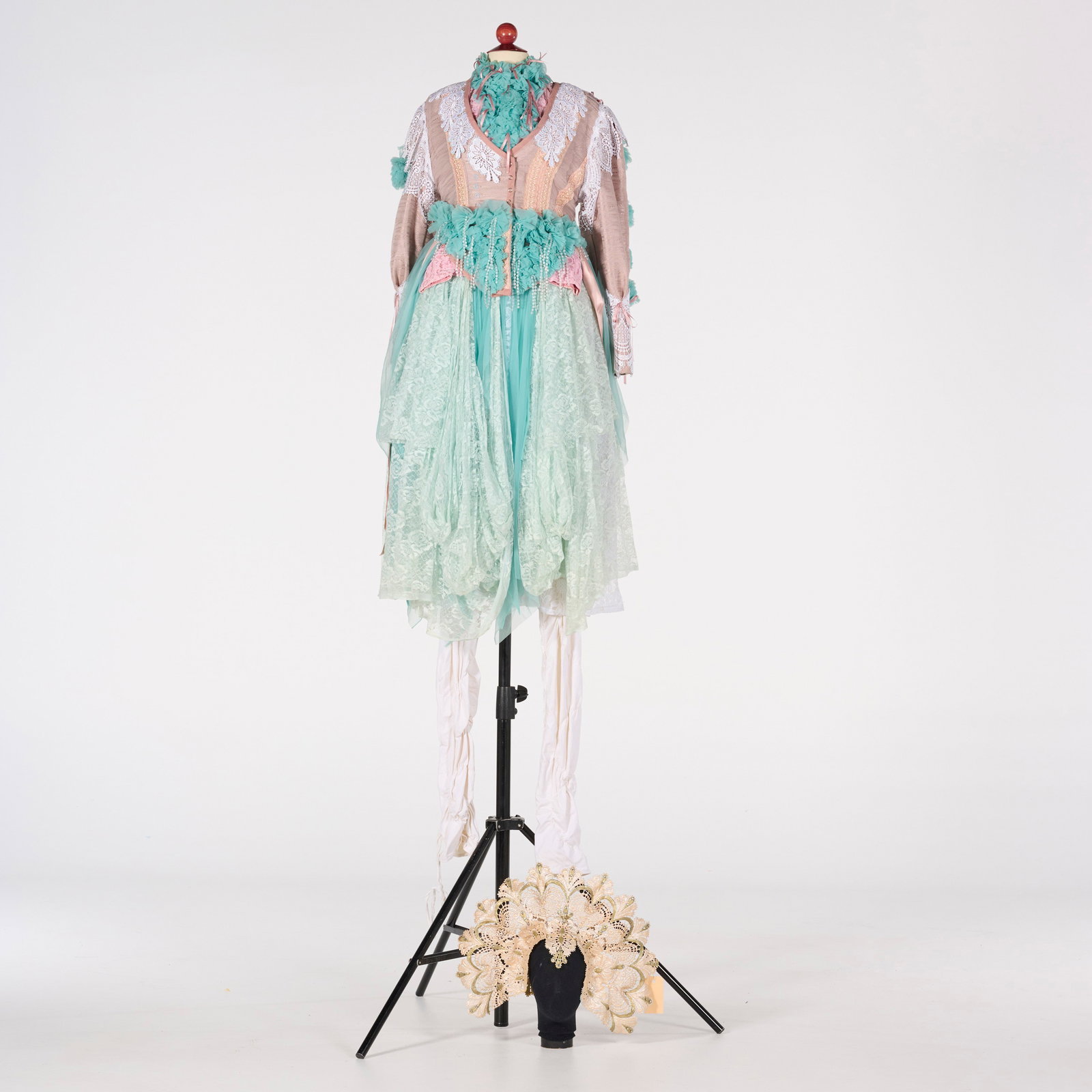 Original "Dream Princess" Stilt or Walking Act Costume from the Royce Collection: Original "Dream Princess" Stilt or Walking Act Costume from the Royce Collection. Accompanying the garment is a striking fan-shaped headpiece made of delicate gold and cream lace embellished with smal
