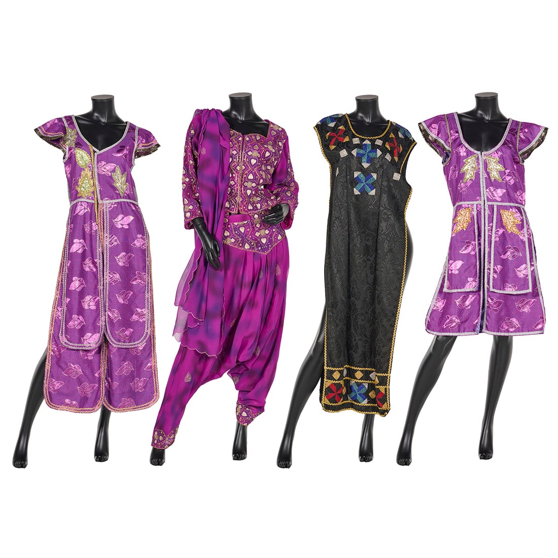 Set of 4 "Fata Morgana" Costumes from Magic Show Performed by Royce at Efteling ca. 1995-2000: Set of 4 original "Fata Morgana" costumes from a magic show performed by Royce at the Efteling ca. 1995-2000. The set includes two magenta-toned tunics featuring metallic leaf patterns and gold sequin