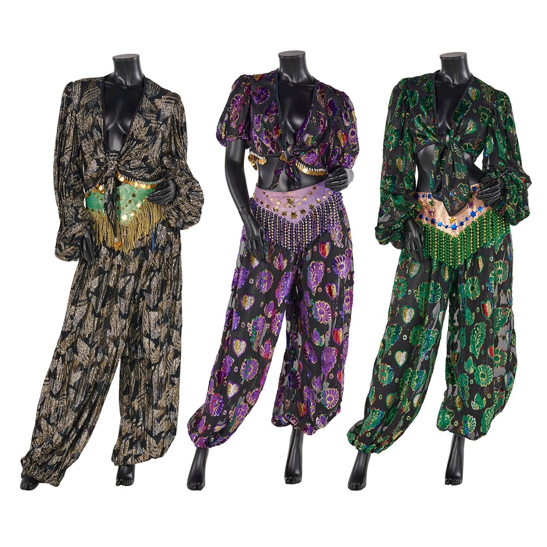 Lot of 3 Dance Costumes with Tie-front Crop Tops and Harem Pants from the Royce Collection: Lot of 3 vibrant dance costumes with tie-front crop tops and voluminous harem pants, from the Royce Collection. Please use our provided images to judge the condition. Location: The Netherlands, Tilbur