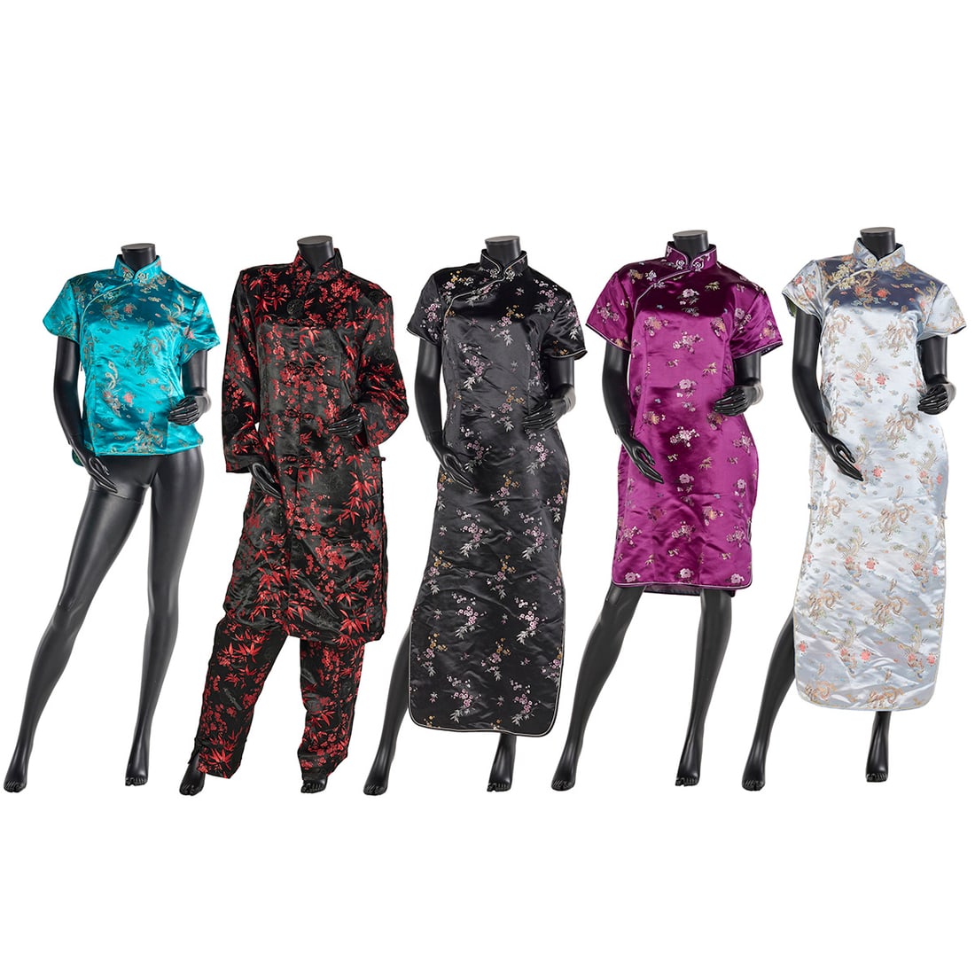 Set of 5 Traditional Chinese-inspired Costumes from the Royce Collection: This set from the Royce Collection features five distinct traditional Chinese-inspired garments crafted from high-sheen satin fabrics. The assortment includes four qipaos - ranging from a vibrant teal