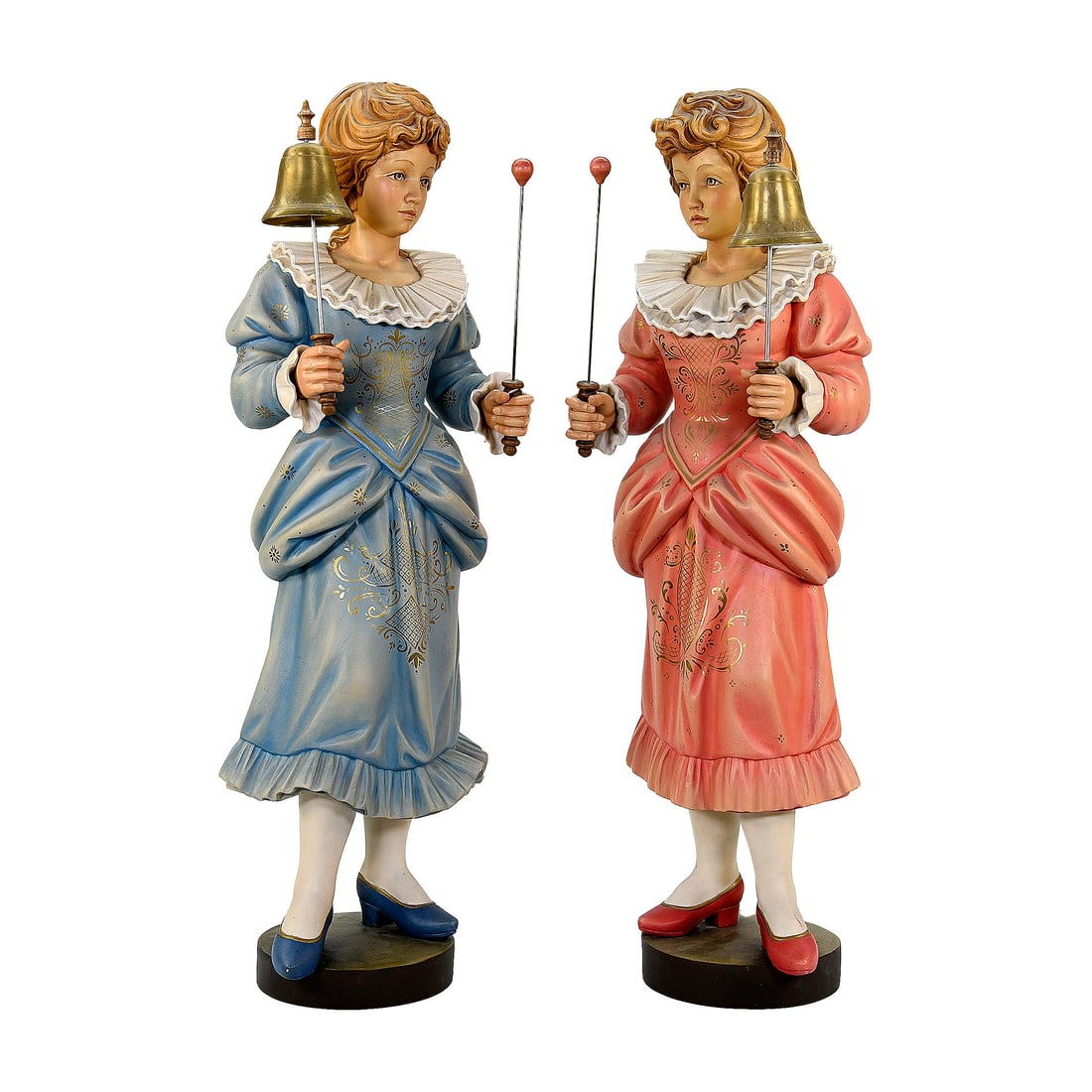 Set of 2 Contemporary Wooden Organ Figures Company Demetz - Bell-Striking Girls: Set of 2 Contemporary Wooden Organ Figures Company Demetz - Bell-Striking Girls. One figure is dressed in a blue gown with gold accents and a ruffled collar, while the other wears a red gown with simi