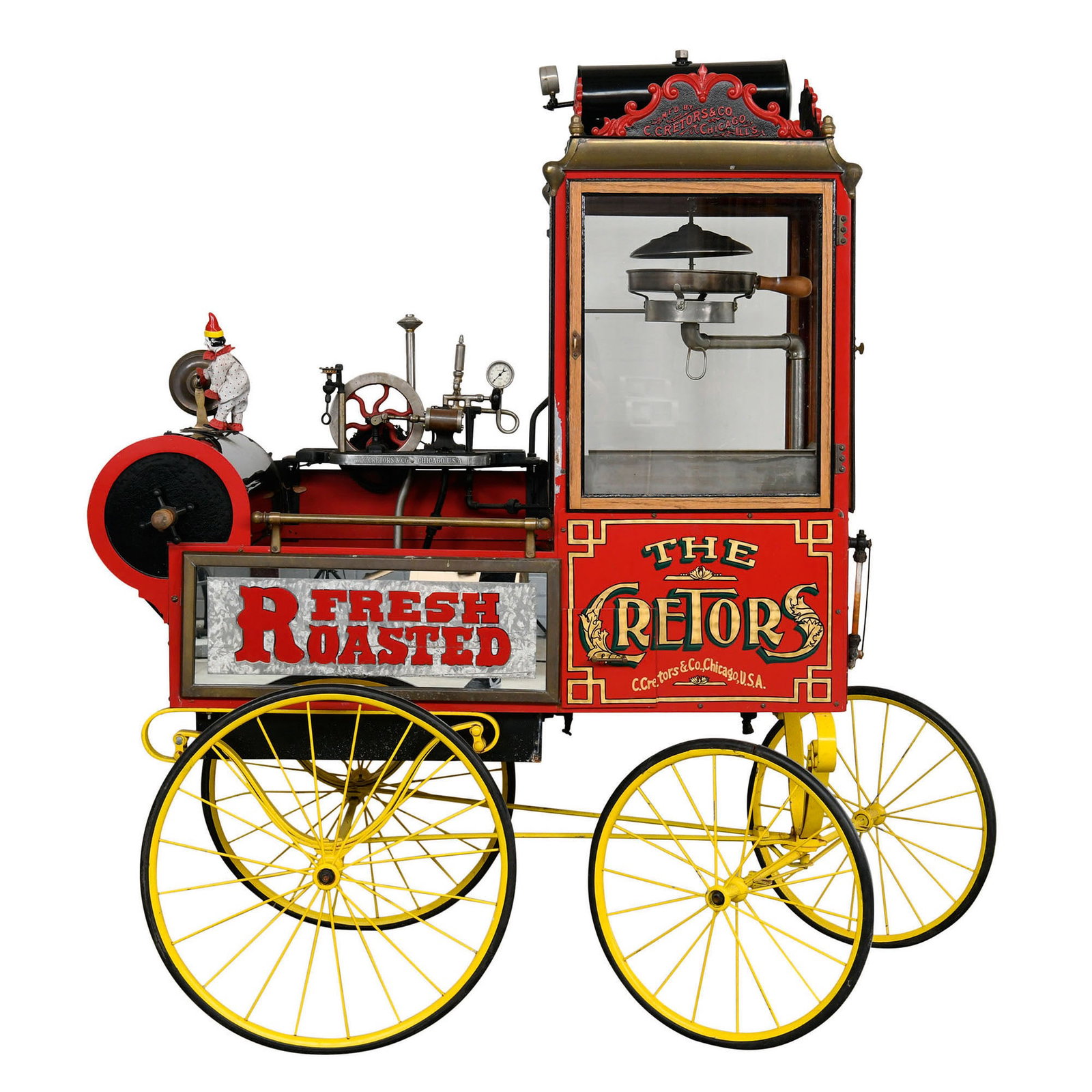 Antique C. Cretors & Co. "Roasted Fresh" Popcorn Wagon ? Chicago, U.S.A. (ca 1902): An outstanding and highly decorative antique popcorn wagon manufactured by the renowned C. Cretors & Company, Chicago, Illinois, pioneers of the commercial popcorn machine since the late 19th century.