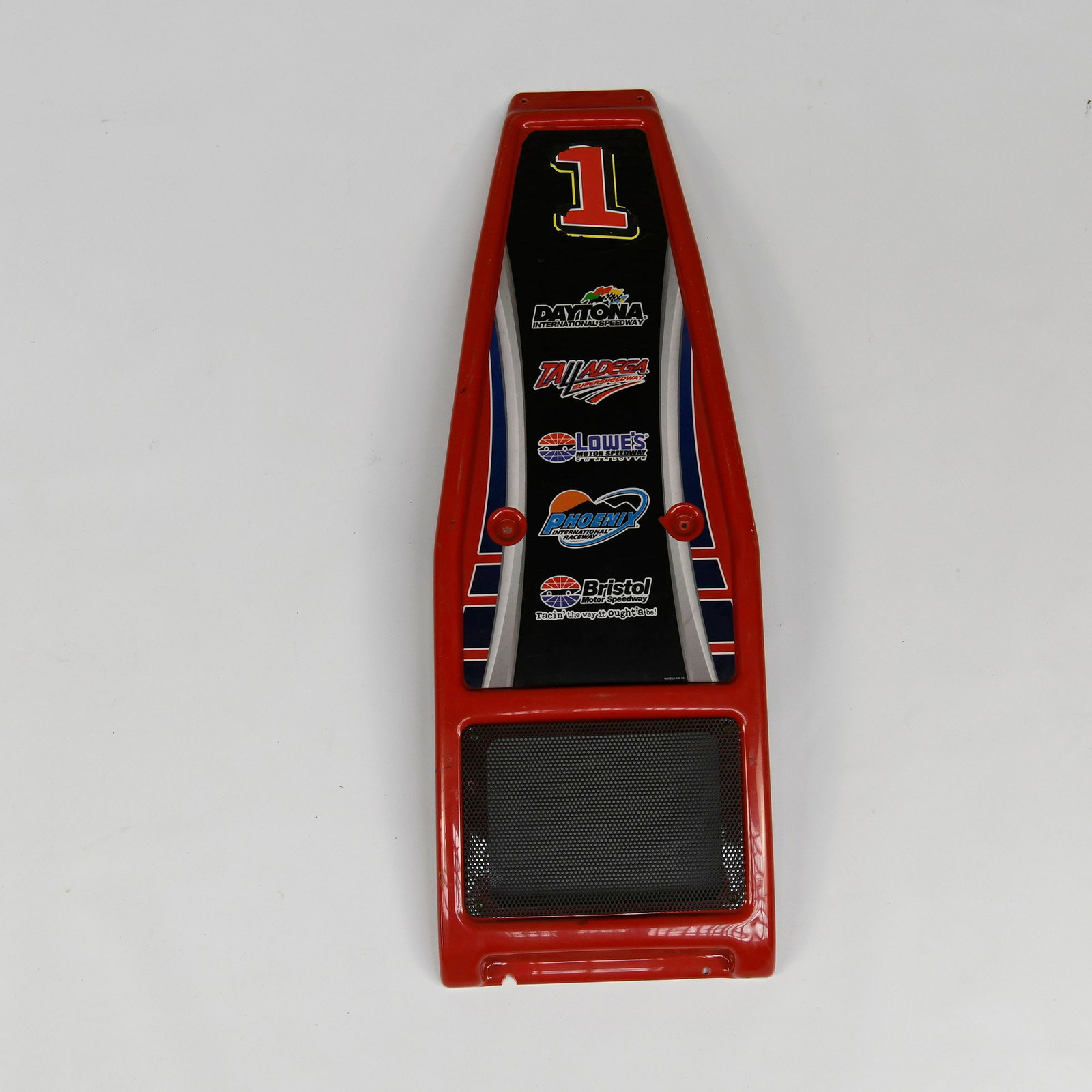 Midway Games NASCAR Racing Arcade Seat Panel (Midway Games, 1998-2000): The item is a red plastic seat panel designed for a racing arcade game. The top surface features a black graphic adorned with a large white and red number '1' and official NASCAR track sponsor logos,