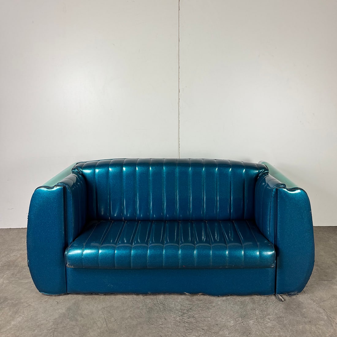 Contemporary Couch with Blue Vinyl Tufting and Turquoise 1956 Buick Century Back Design (1 of 16)