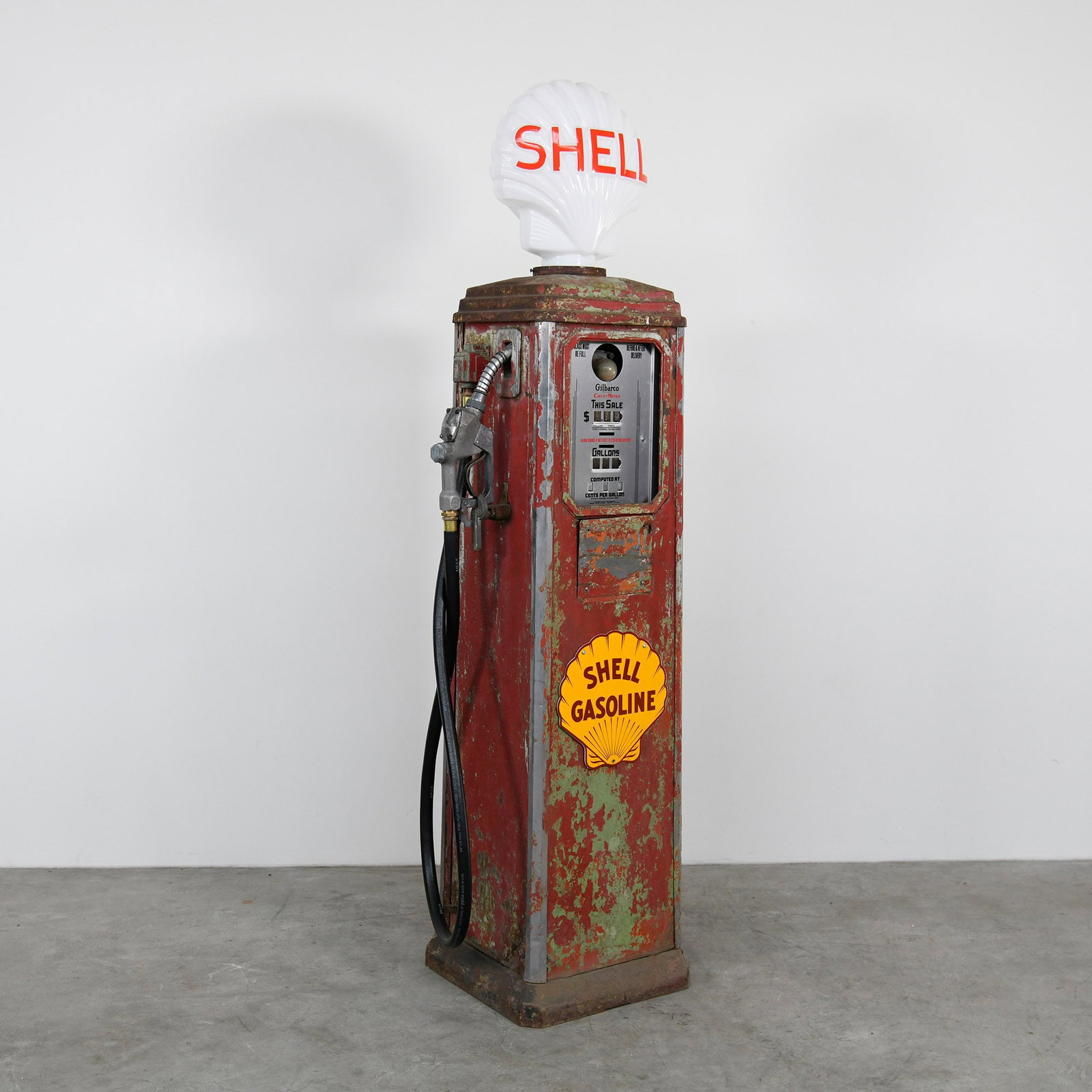 Gilbarco 101 A1 Gas Pump (ca. 1939) with Reproduction Shell Globe, Face Plates and Enamel Sign (1 of 15)