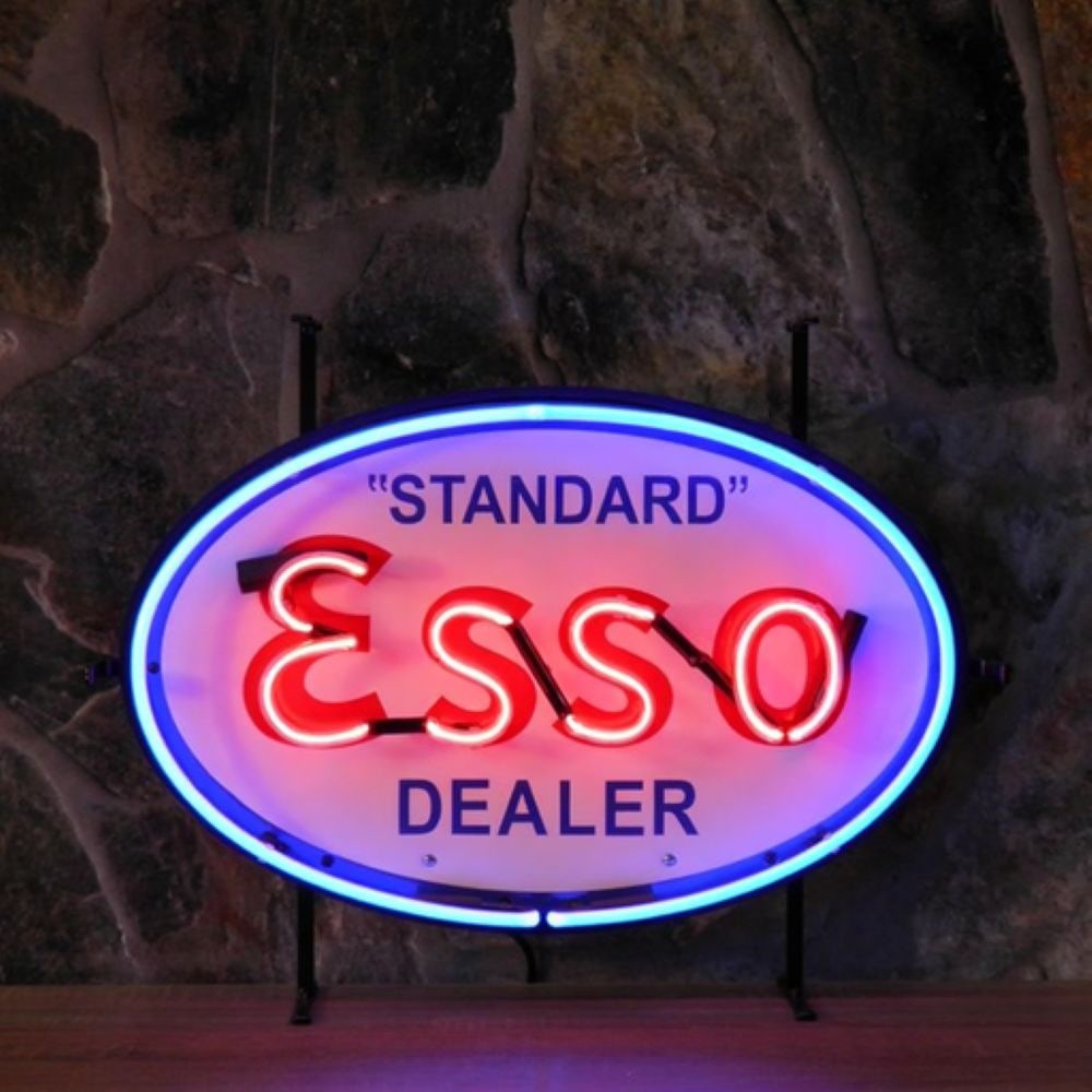 Esso Dealer Logo Neon Sign with Printed Back Plate: Esso Dealer logo real glass tube neon sign with printed back plate and metal frame. The colorful printed back plate ensures that the neon sign looks great whether it's powered on or off. It is in exce
