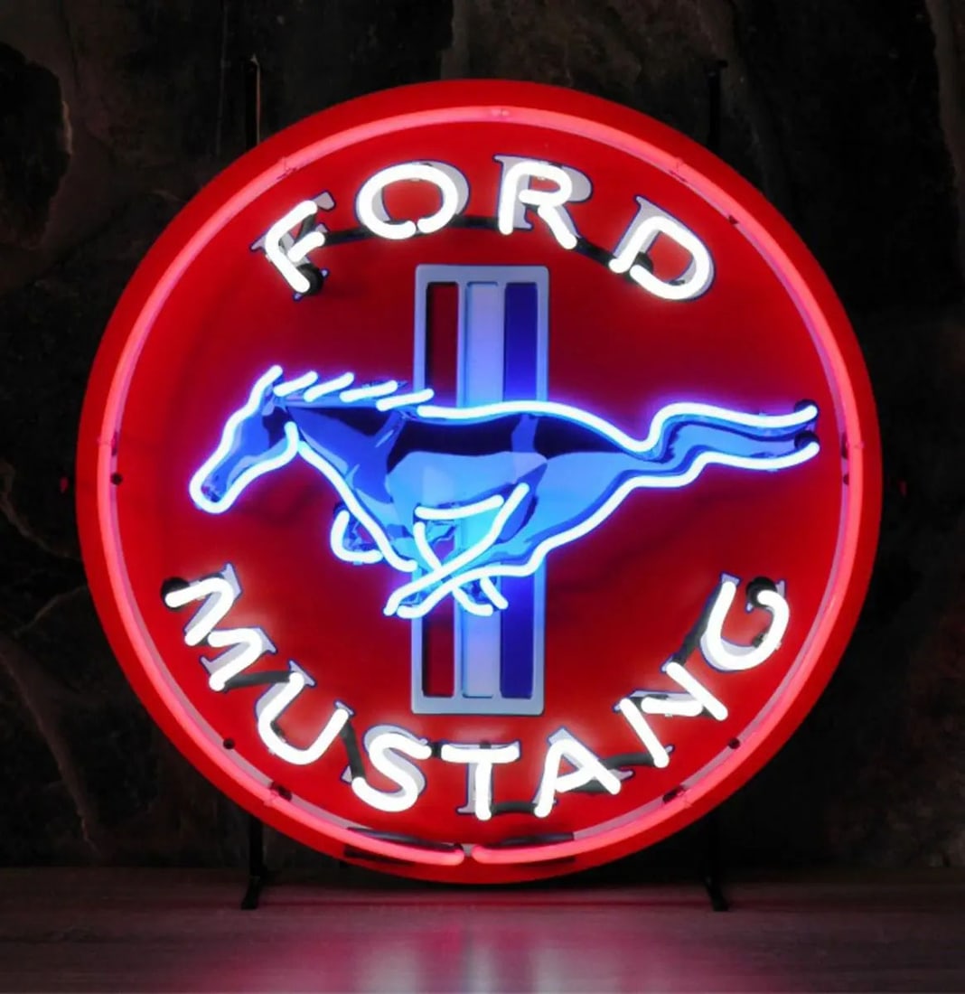 Ford Mustang Blue Horse Logo Neon Sign with Printed Back Plate: Ford Mustang blue horse logo real glass tube neon sign with printed back plate and metal frame. The colorful printed back plate ensures that the neon sign looks great whether it's powered on or off. I