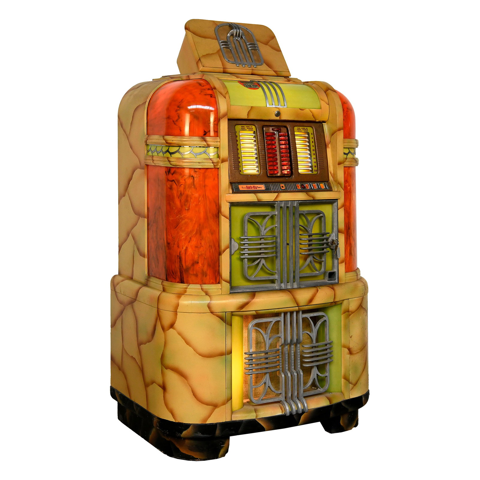 Rock-Ola 1407 Super Rockolite Luxury Lightup Jukebox, Type SUP-40, Series D (1940-1941): Rock-Ola 1407 Super Rockolite Luxury Lightup Jukebox, Type SUP-40, Series D (1940-1941) with rare Fireball Catalin. 20 selections of 78 RPM records. The jukebox comes with keys, but without records. I