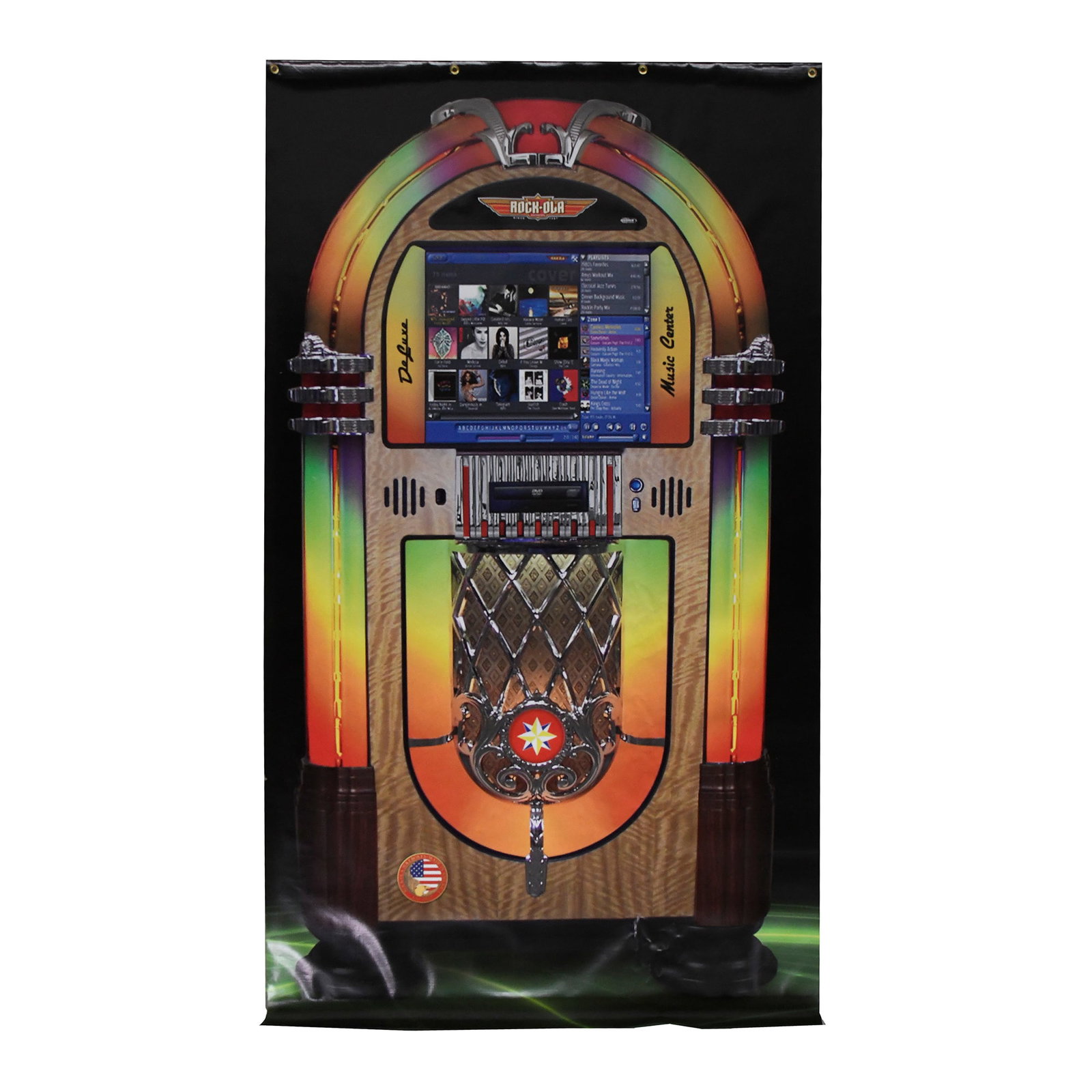 Original Rock-Ola Jukebox Deluxe Music Center Advertising Banner: Original Rock-Ola advertising banner featuring a vibrant, full-color graphic of a Rock-Ola Deluxe Music Center digital jukebox. Made from a flexible material, likely vinyl, it is designed for hanging 
