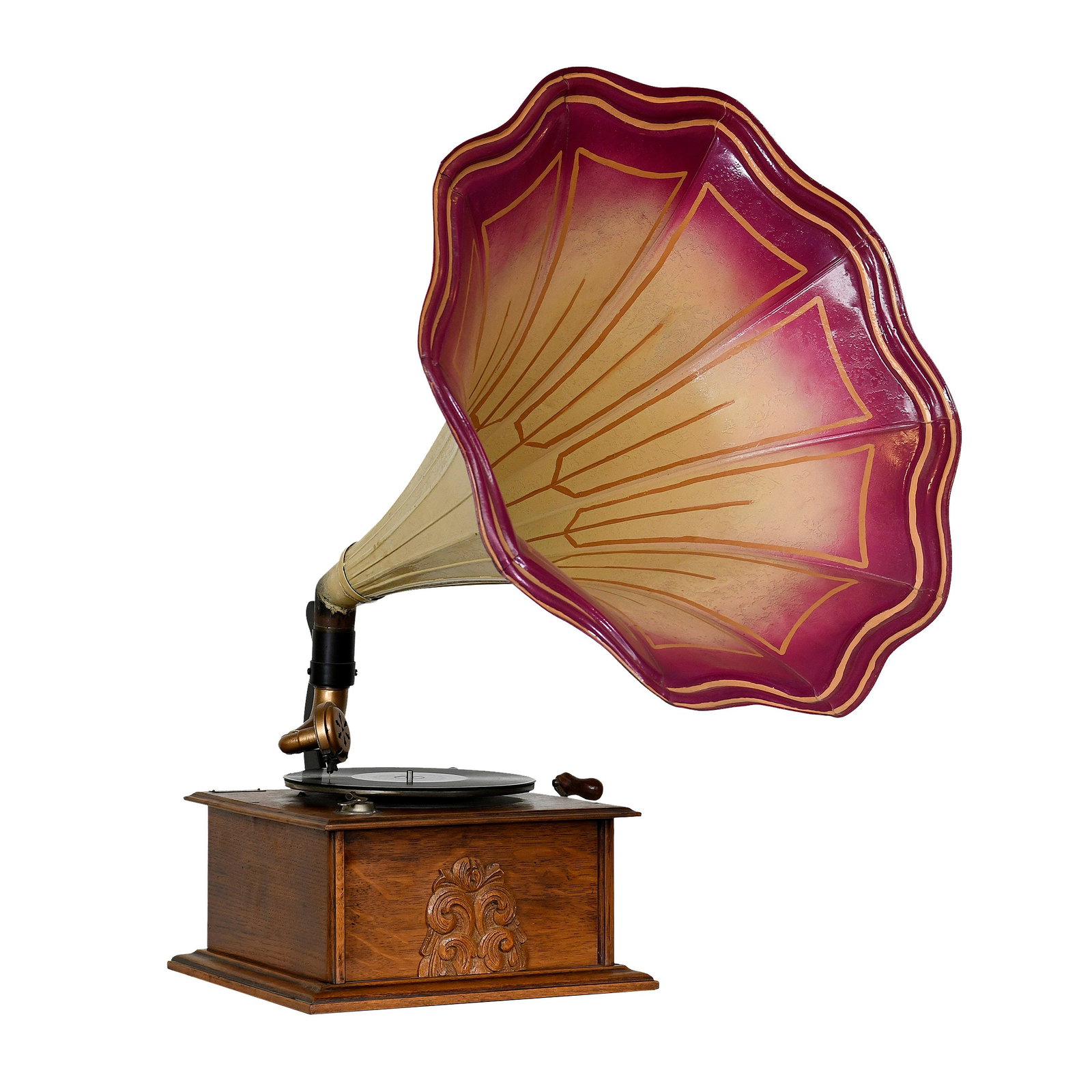 Columbia Graphophone Company Gramophone with Fluted Metal Horn: This external horn gramophone features a wooden cabinet with decorative carving and is identified by a brass patent plate stating 'Protected by Patents in Great Britain and various other countries Col