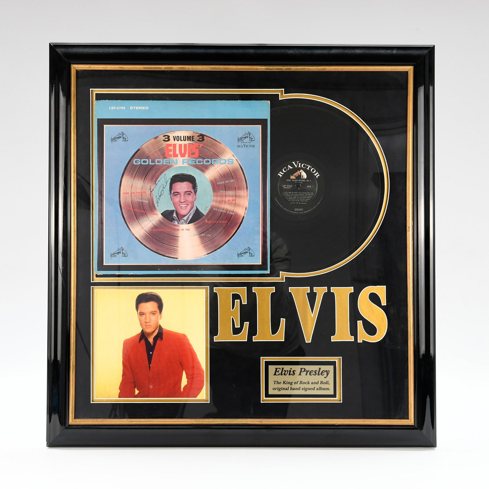 Framed Collage of Elvis Signed "Elvis' Gold Records Volume 3" LP Cover with CoA (1 of 9)
