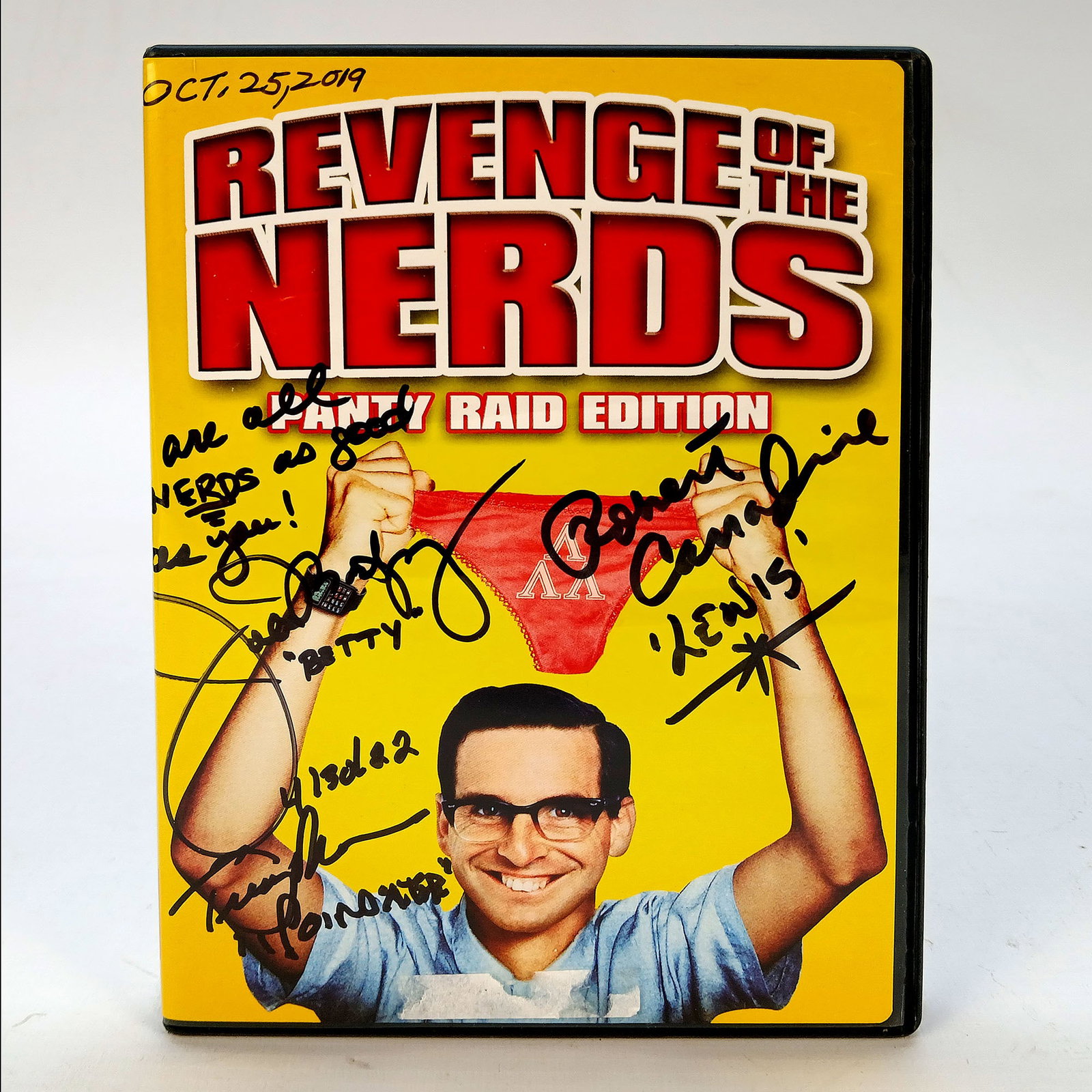 "Revenge of the Nerds" DVD Signed by Timothy Busfield, Julia Montgomery, Robert Carradine: "Revenge of the Nerds" DVD Signed by Timothy Busfield, Julia Montgomery, Robert Carradine. Dimensions (H x W x D): 19 x 13,5 x 1,4 cm. Location: The Netherlands, Tilburg.