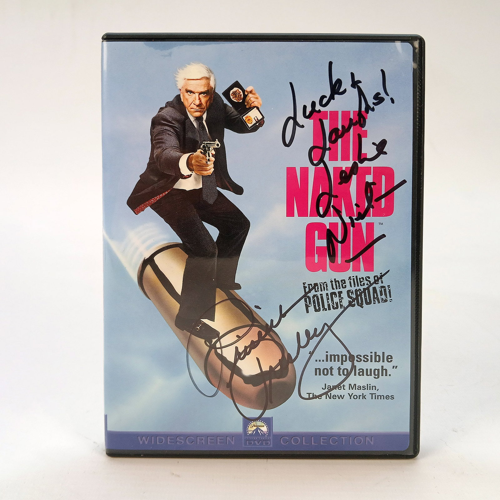 "The Naked Gun" (1988) DVD signed by Leslie Nielsen and Priscilla Presley: "The Naked Gun" (1988) DVD signed by Leslie Nielsen and Priscilla Presley. The set includes: 2 photos of Leslie Nielsen, one of which has information on when the DVD was signed. The original DVD bookl