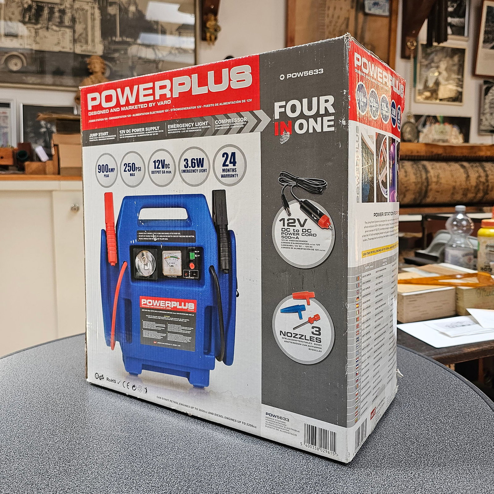 Powerplus POW5633 Four in One Vehicle Tool from G. Perlee Workshop: Powerplus POW5633 four in one vehicle tool in original box from G. Perlee workshop. Jump start, 12V DC power supply, emergency light, compressor in good working condition. Dimensions (H x W x D): 35 x