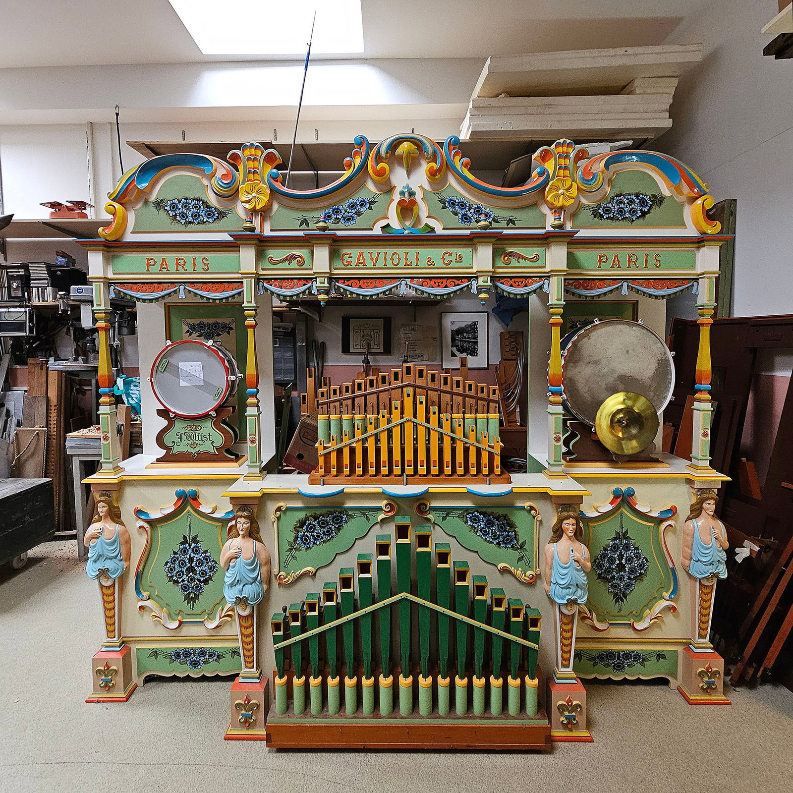 Disassembled Jan Wust Made Organ Inspired by Gavioli: Disassembled Jan Wust (Leuwarden, Netherlands) Gavioli inspired, fan made organ. The organ is a fantasy design inspired after various old and famous organs. It was recently acquired by the Perlee fami