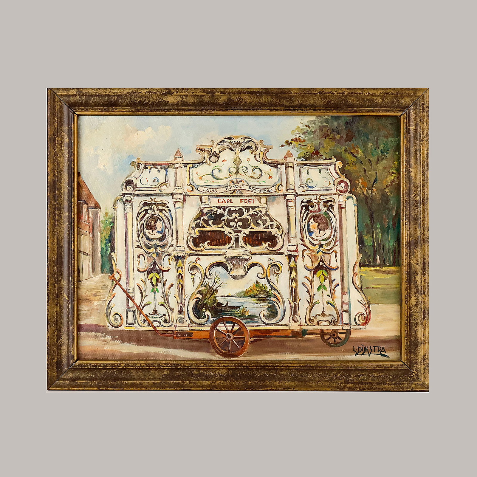 Painting of Carl Frei "De Vier Kolommen" Organ Signed L. Dijkstra: Painting of Carl Frei "De Vier Kolommen" organ signed L. Dijkstra. Oil on canvas, wooden frame. Dimensions (H x W x D): 36 x 46 x 3 cm. Location: Dutch Auction Company, Tilburg, The Netherlands.