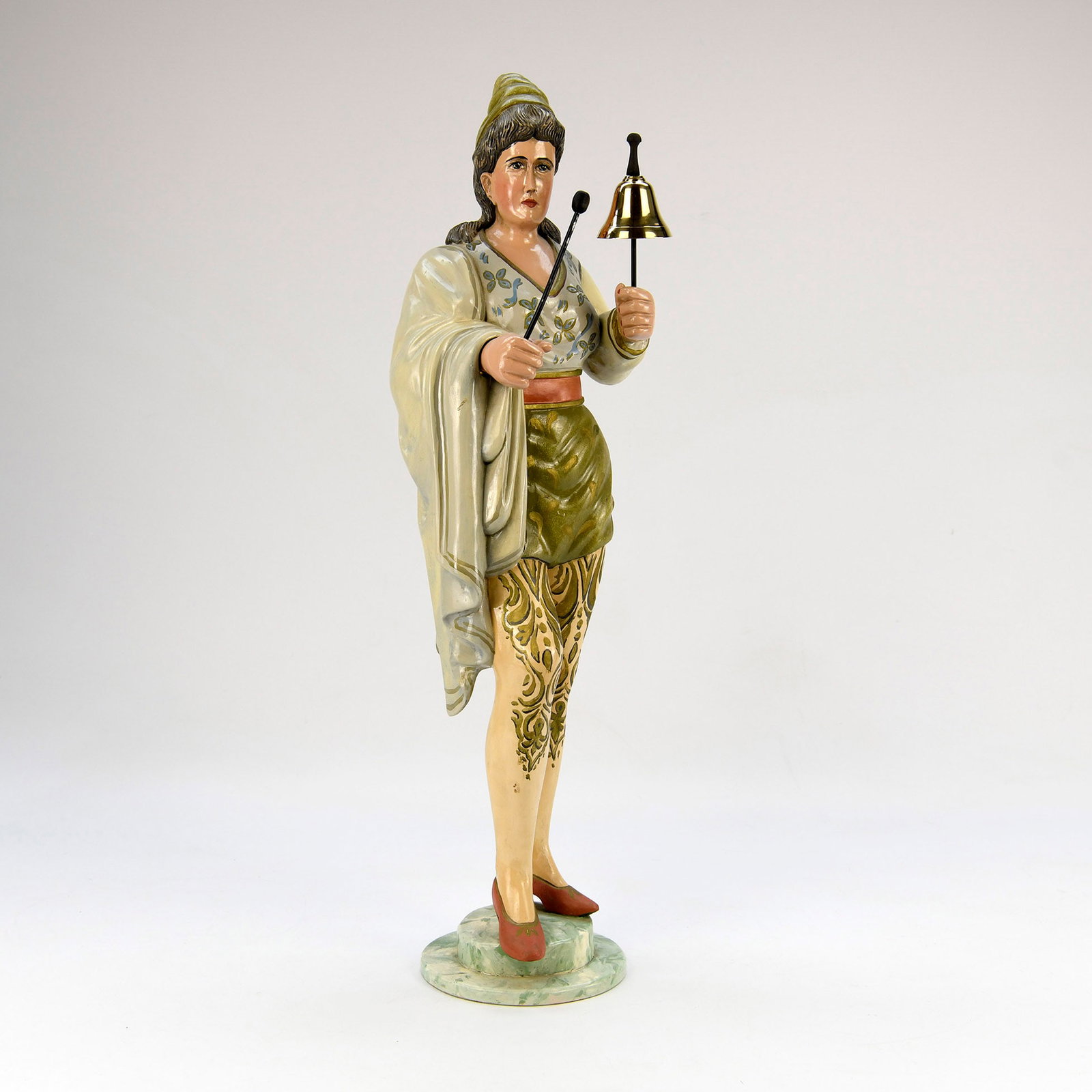 Wooden Organ Figure Automaton with Bell and Mallet, Copy of Demetz: This is a wooden organ automaton figure, copy of Demetz, depicting a character holding a bell in one hand and a mallet or beater in the other, posed to strike the bell. The figure is dressed in a patt