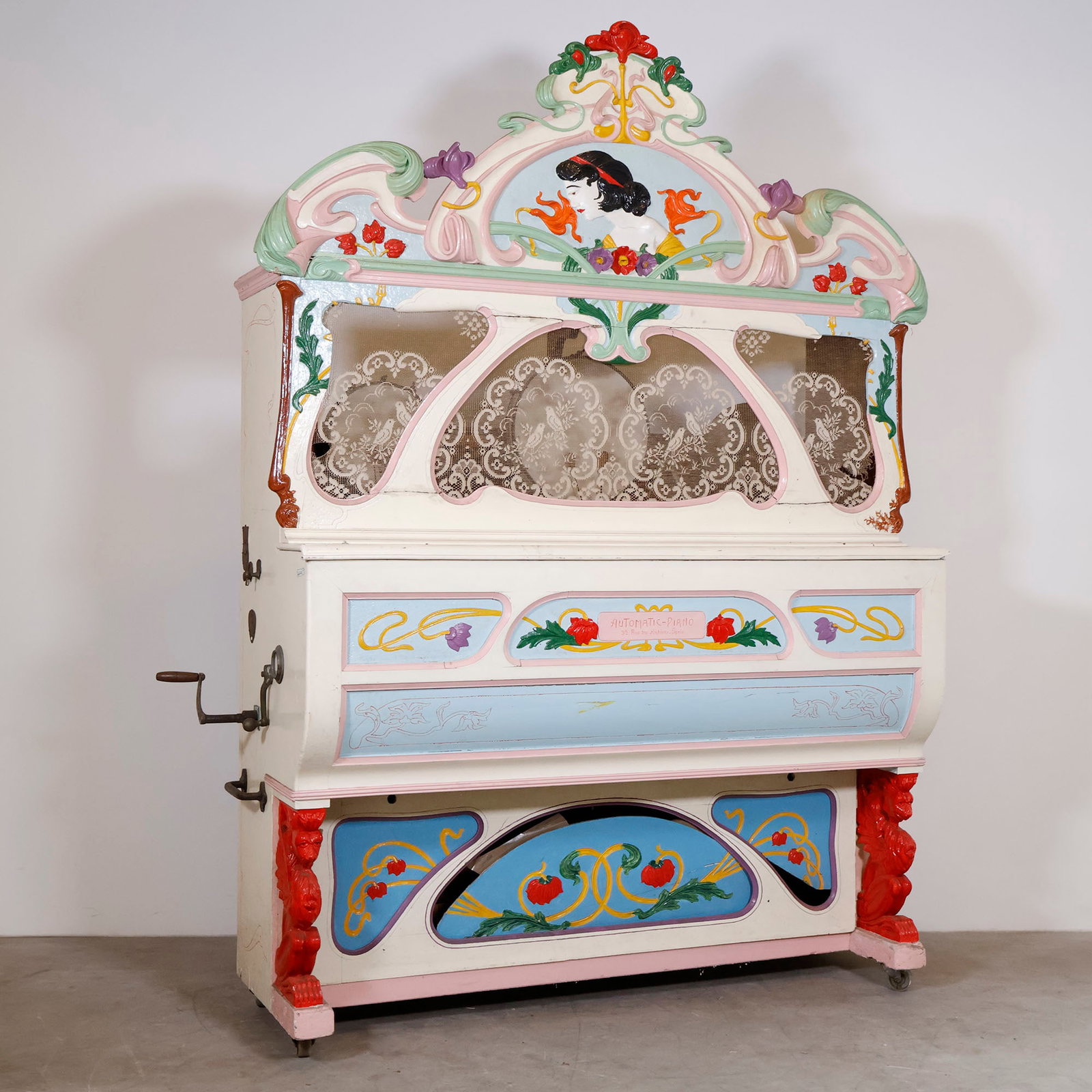 63-key Foray & Storace Barrel Orchestrion, ca. 1915: Large French barrel orchestrion, ca. 1915 made by Foray & Storace, Nice. Spring-driven, coin-activated, ten melodies, seven bells, large and small drum, triangle, cymbal, wood block and 63 piano notes