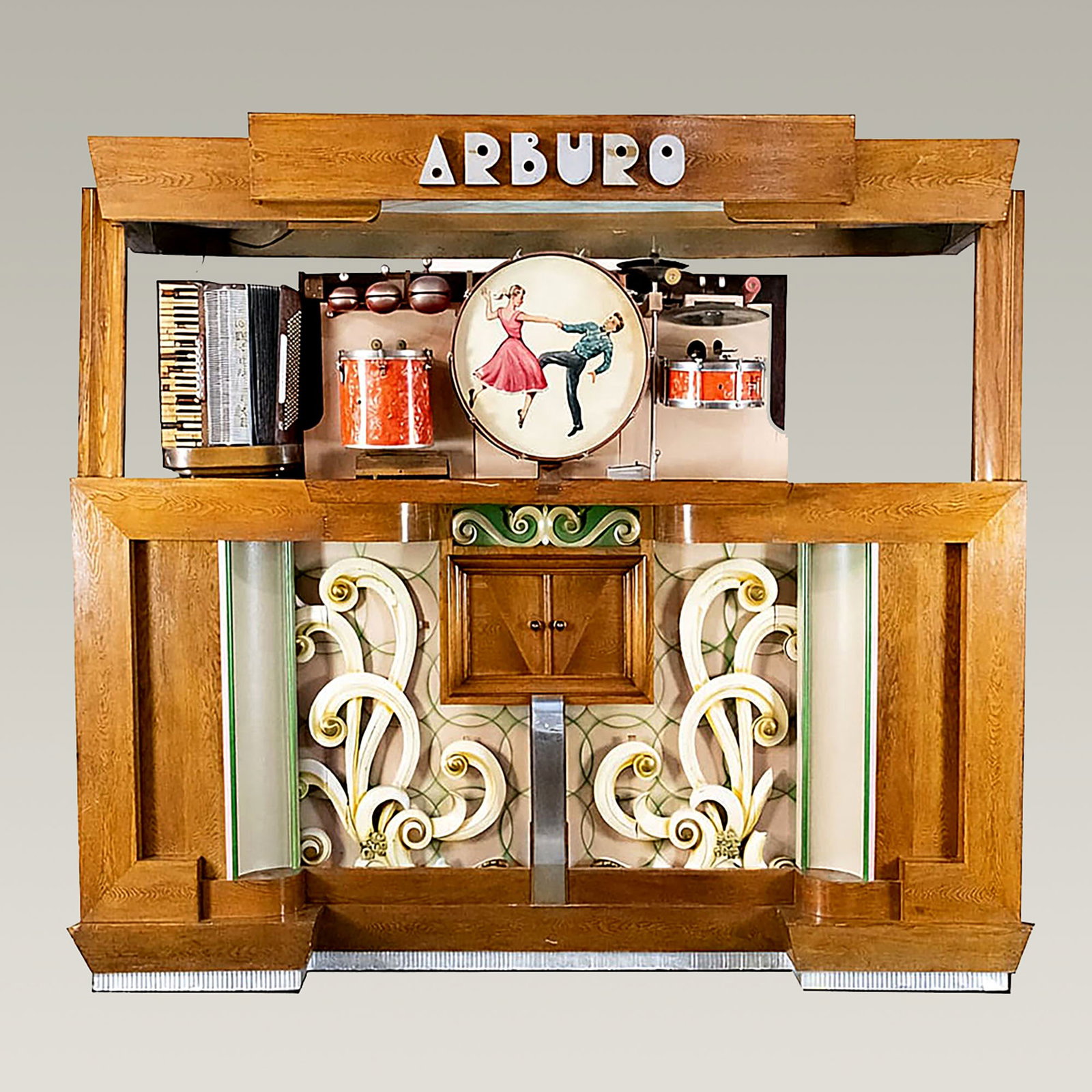88 Keyless Arthur Bursens "Arburo" Paper Roll Dance Organ (ca. 1950s): 88 keyless Arthur Bursens "Arburo" paper roll dance organ (ca. 1950s). The organ is currently not playing and in need of restoration, but it is fully original and complete. It features a large selecti