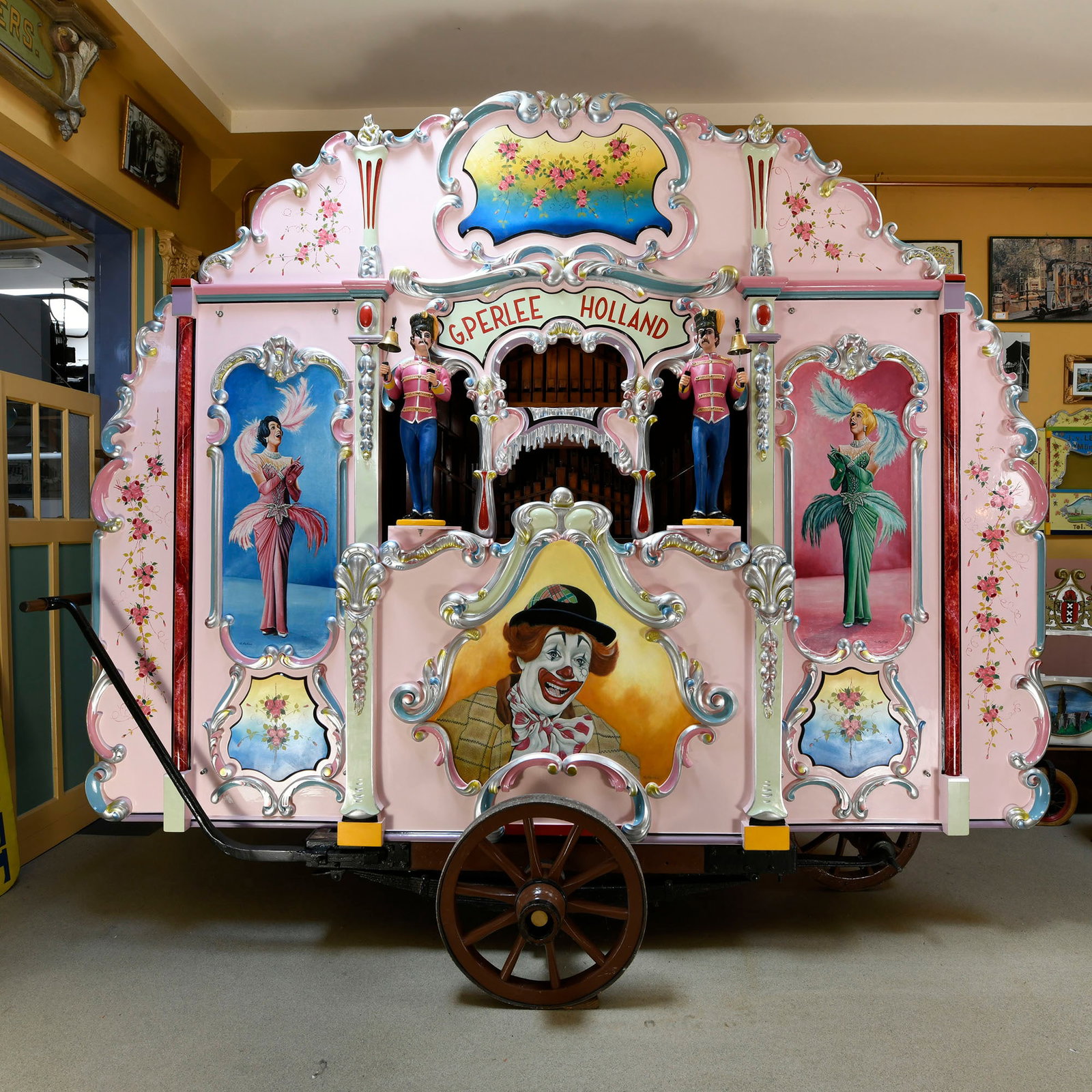 55-key G. Perlee Street Organ "De Pipo": Originally built around 1920 as a 54-key barrel organ by Joseph Bursens in Hoboken, Belgium, this instrument was initially named "De Vierenvijftig Bursens" after its builder and key count. First owned